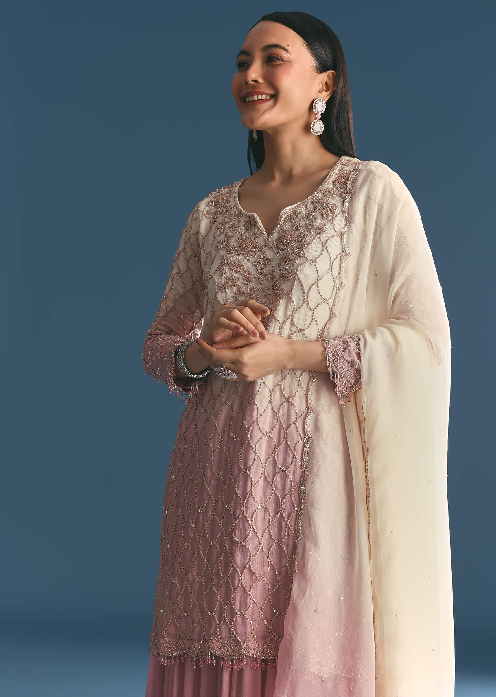 Lavender Chinon Ombre Kurta Palazzo Suit With Sequins Thread Work - Image 3