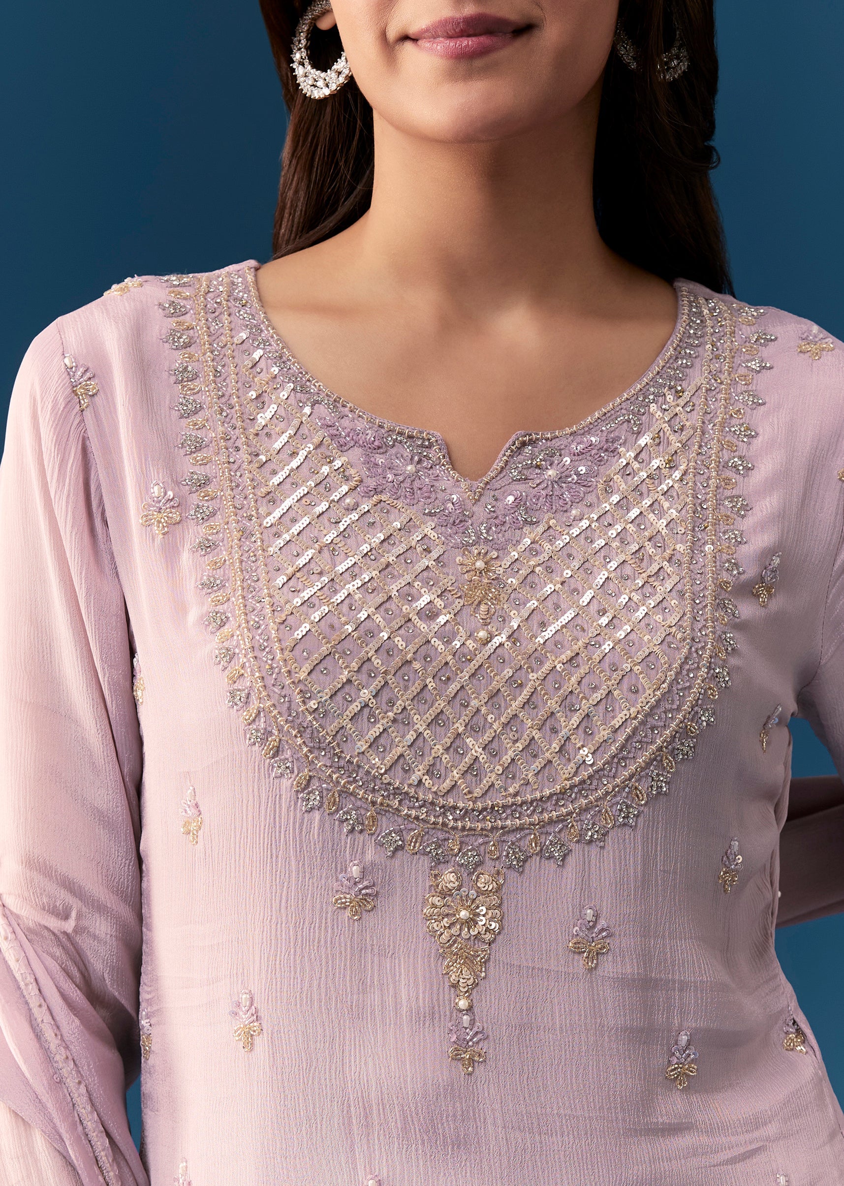Lavender Chinon Palazzo Set With Sequins And Stone Work. - Image 2