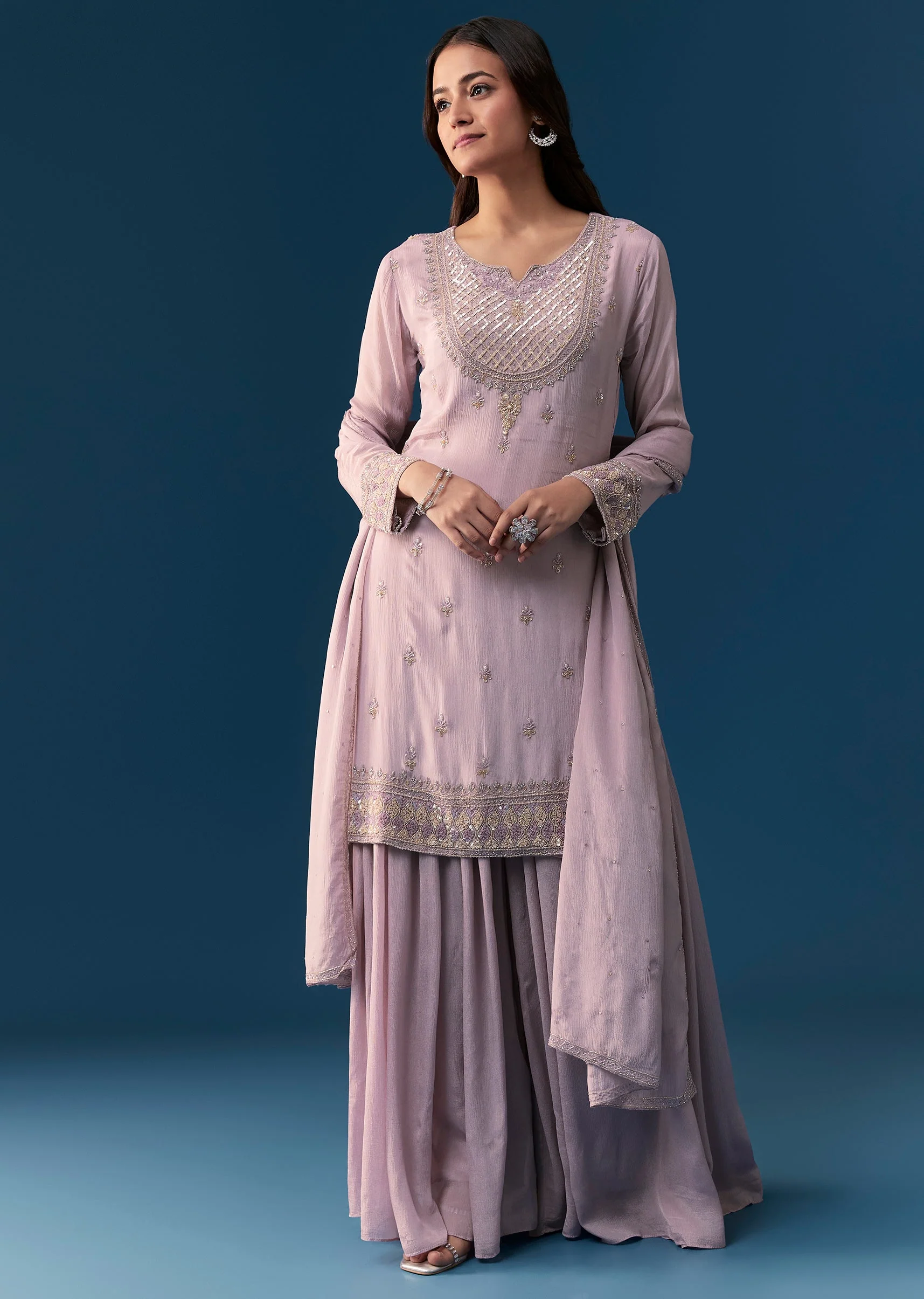 Lavender Chinon Palazzo Set With Sequins And Stone Work. - Image 3