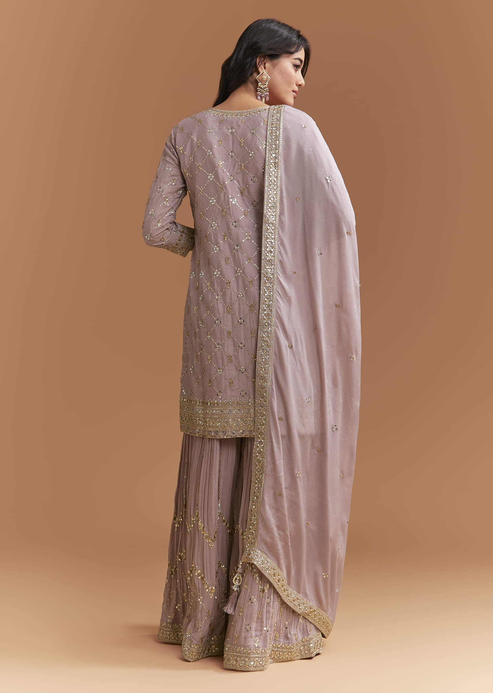 Lavender Chinon Palazzo Suit With Intricate Sequins Work - Image 3