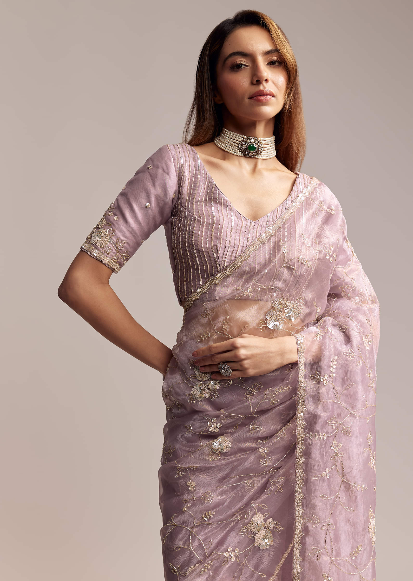 Lavender Crush Tissue Saree With Floral Embroidery - Image 4