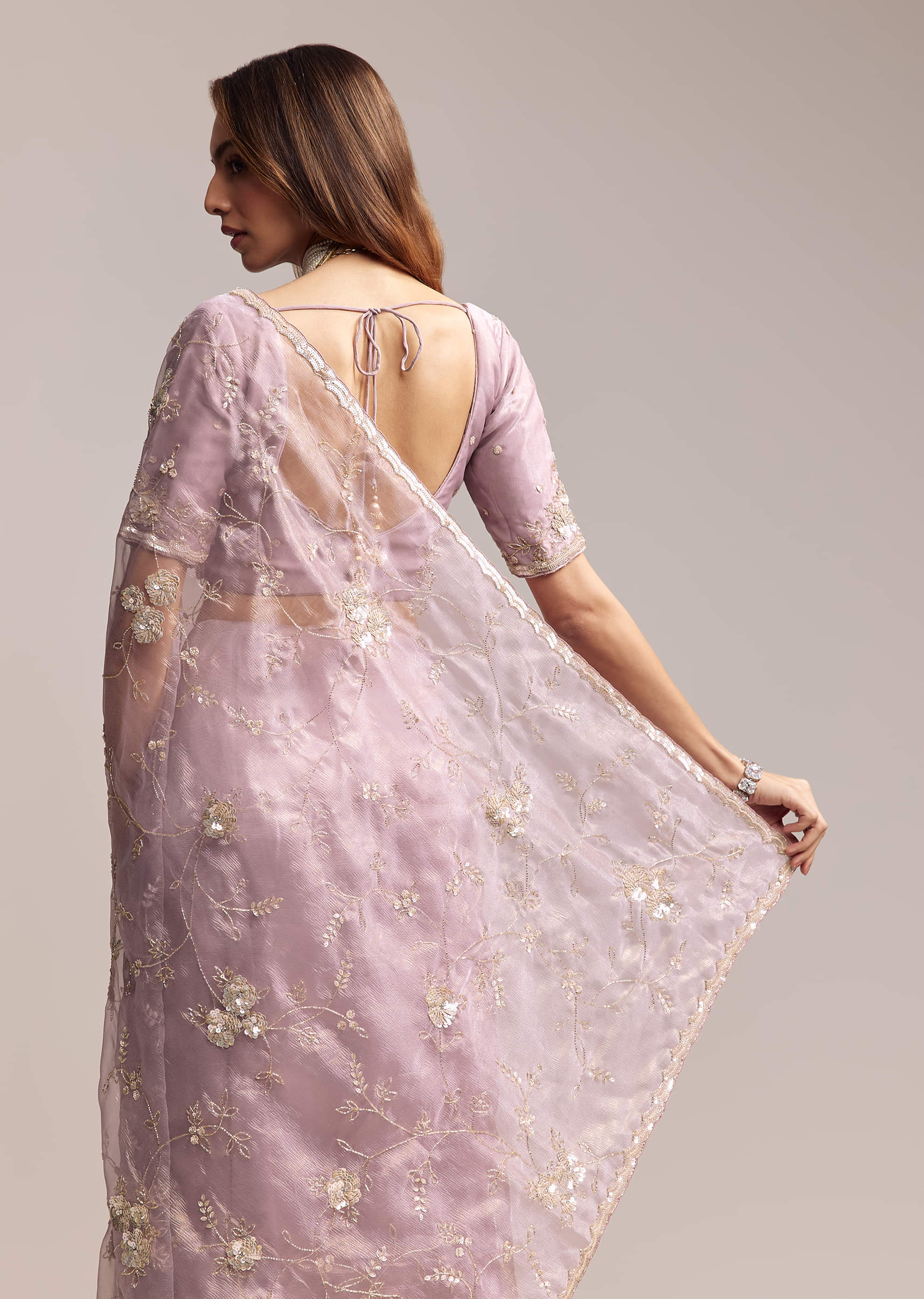 Lavender Crush Tissue Saree With Floral Embroidery - Image 5