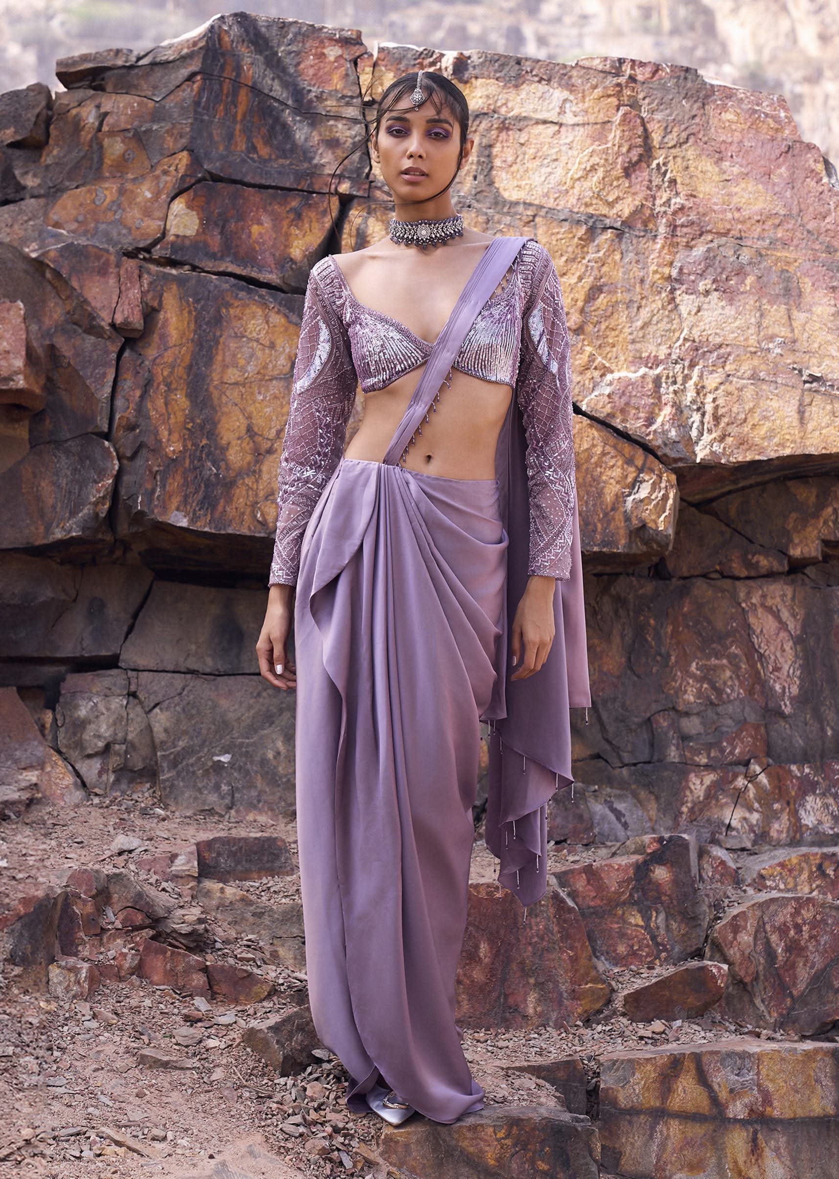 Lavender Draped Skirt With Pleated Pallu And Blouse - Image 2