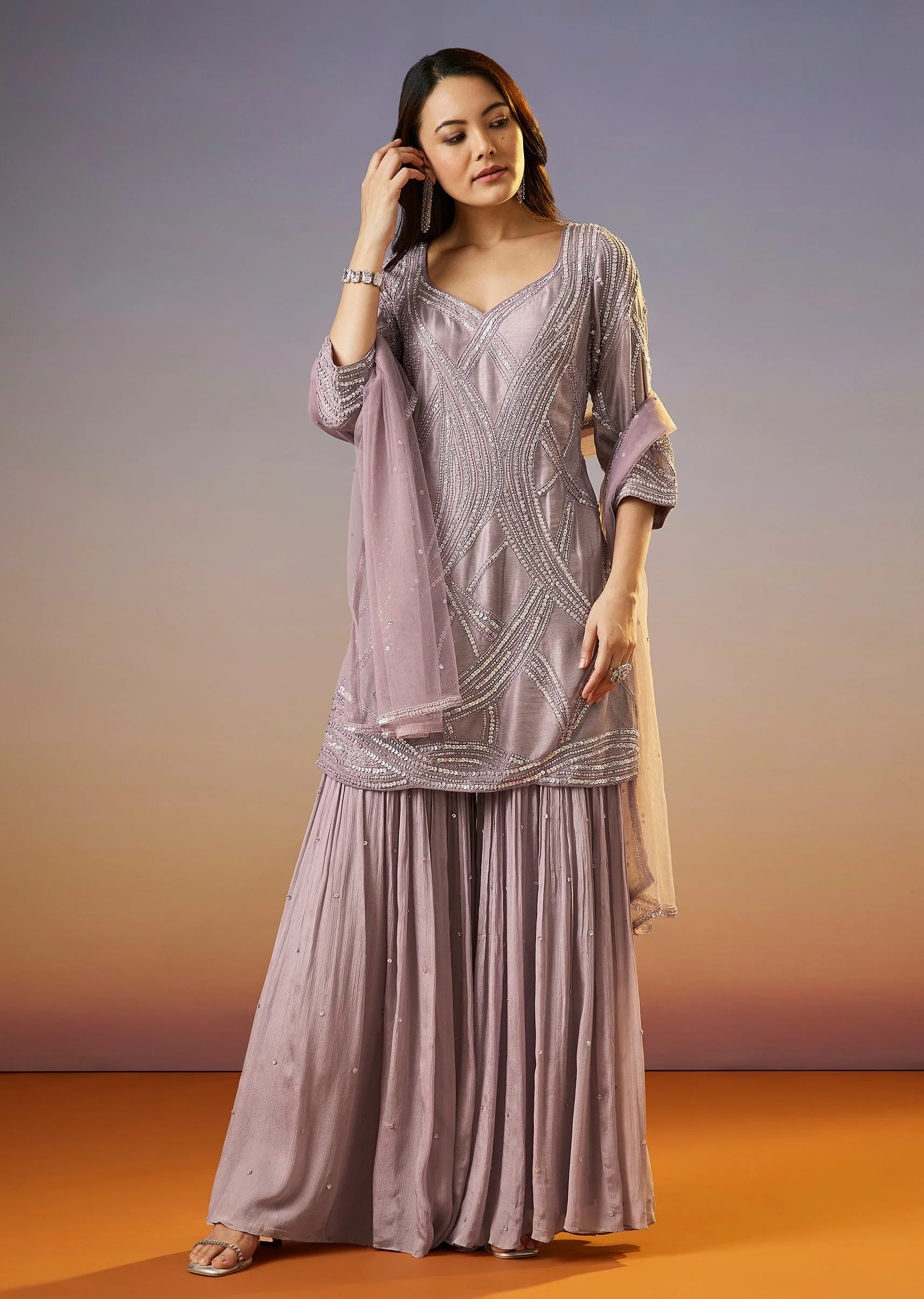 Lavender Embellished Chinon Sharara Suit With Dupatta