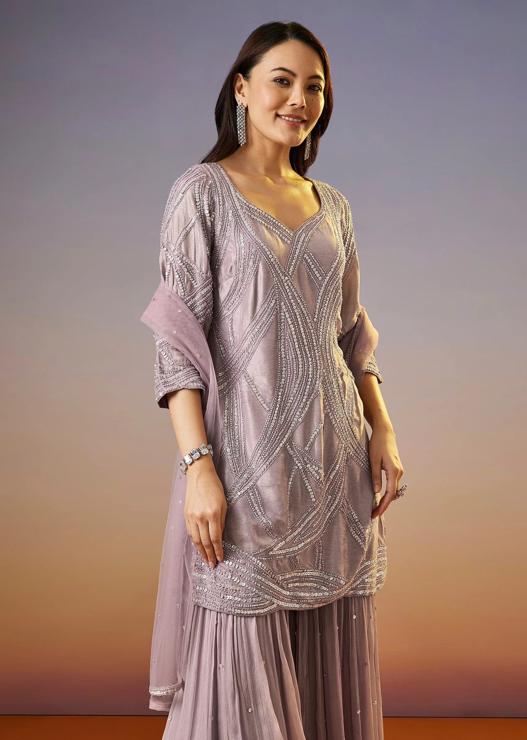 Lavender Embellished Chinon Sharara Suit With Dupatta - Image 4