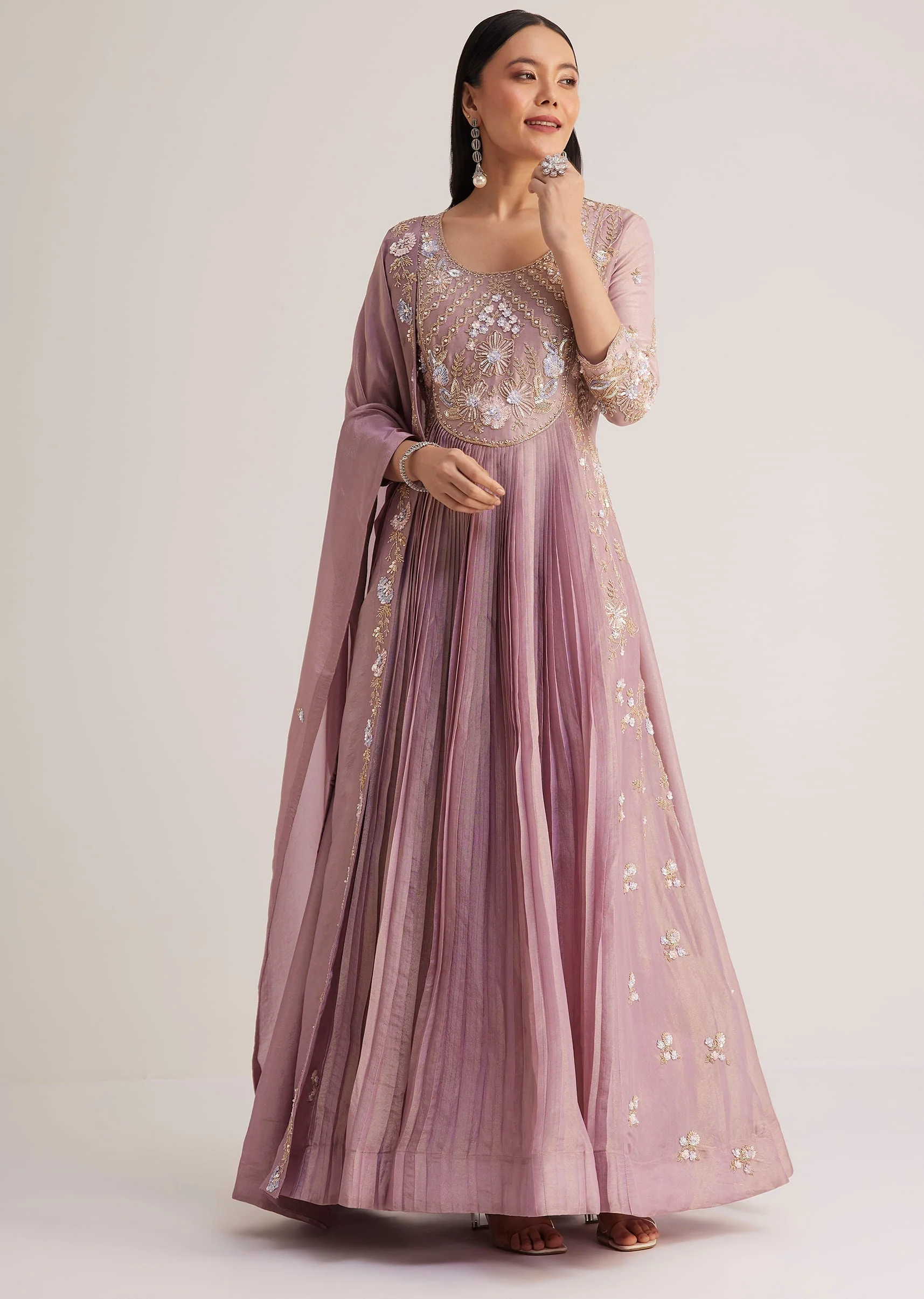 Lavender Embroidered Anarkali With Dupatta - Image 3