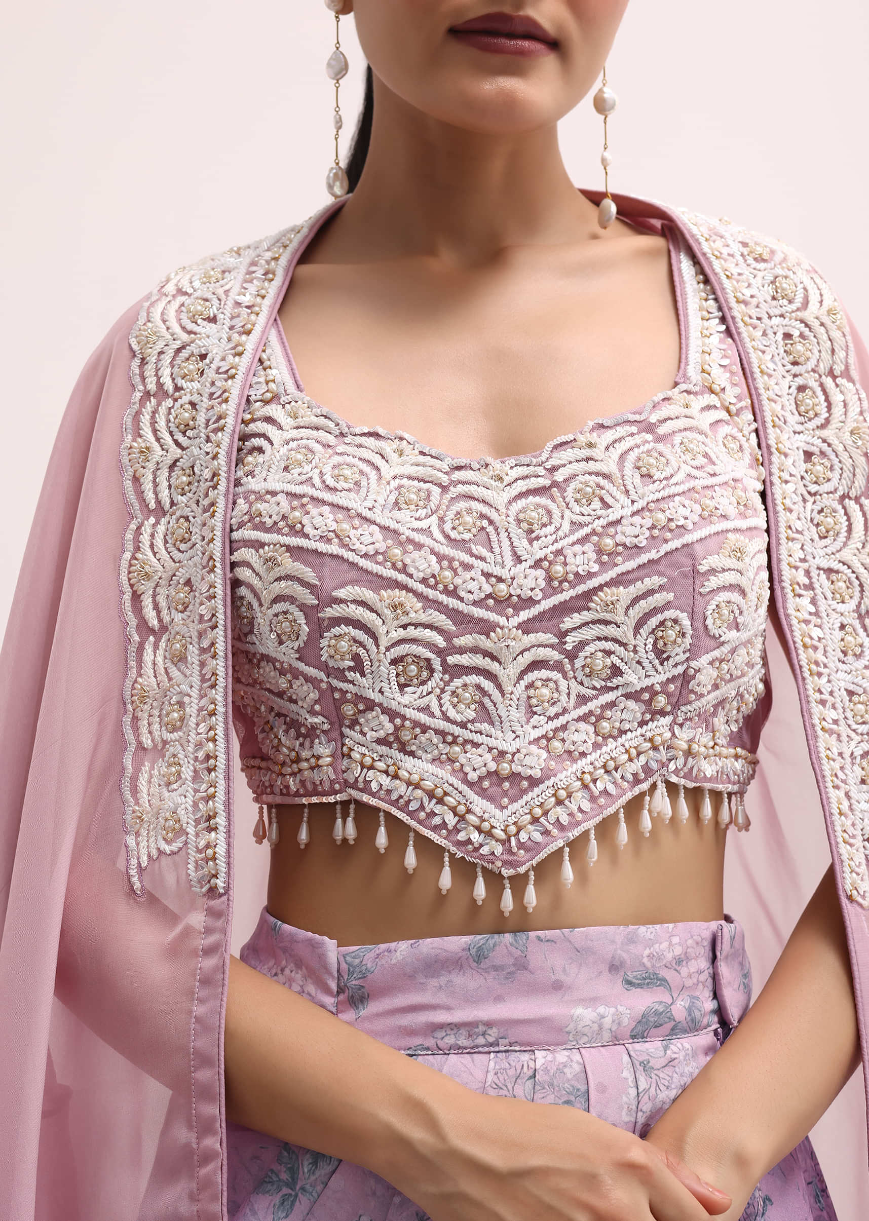 Lavender Embroidered Crop Top And Skirt Set - Image 4