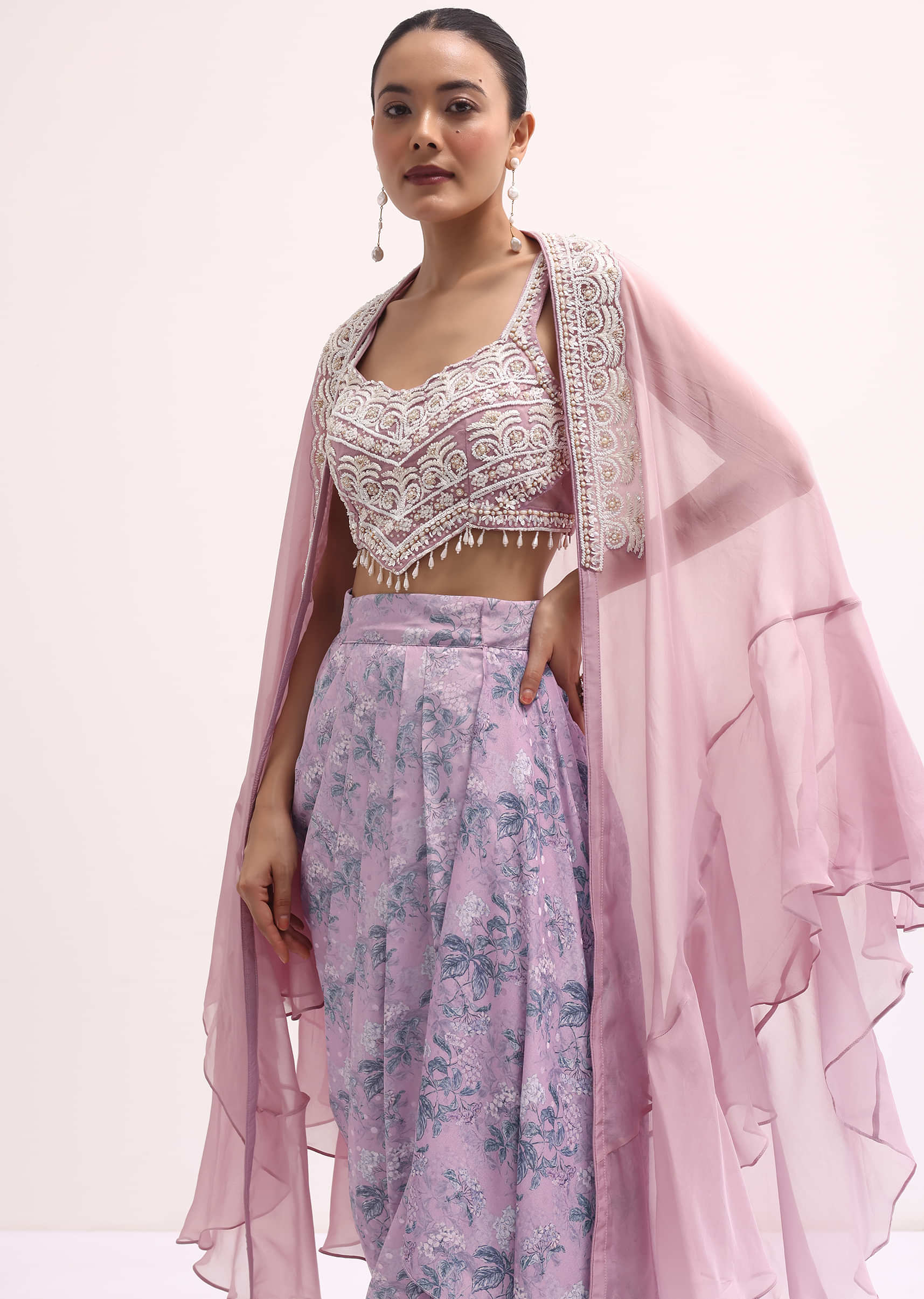 Lavender Embroidered Crop Top And Skirt Set - Image 5