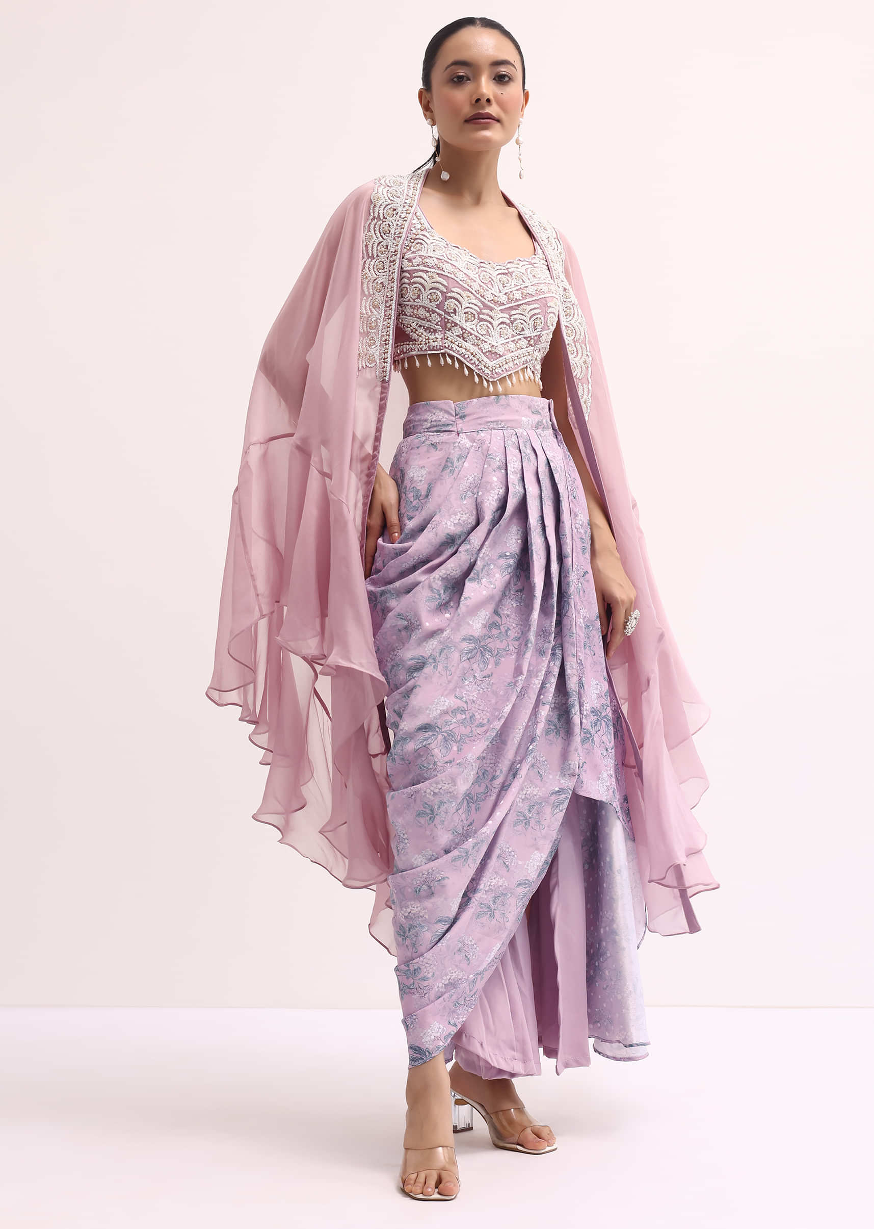 Lavender Embroidered Crop Top And Skirt Set - Image 7