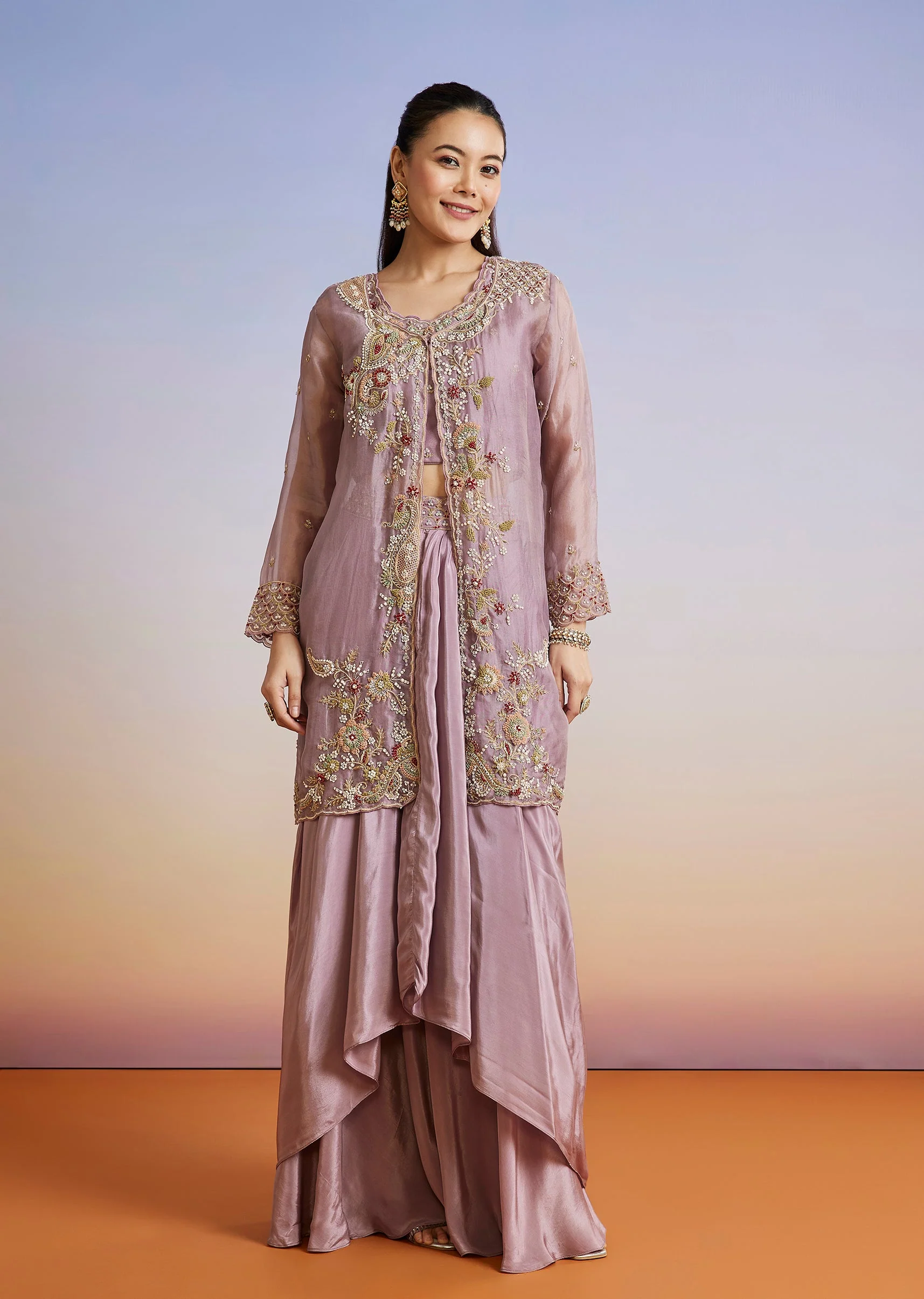 Lavender Embroidered Organza Jacket And Crepe Skirt Set