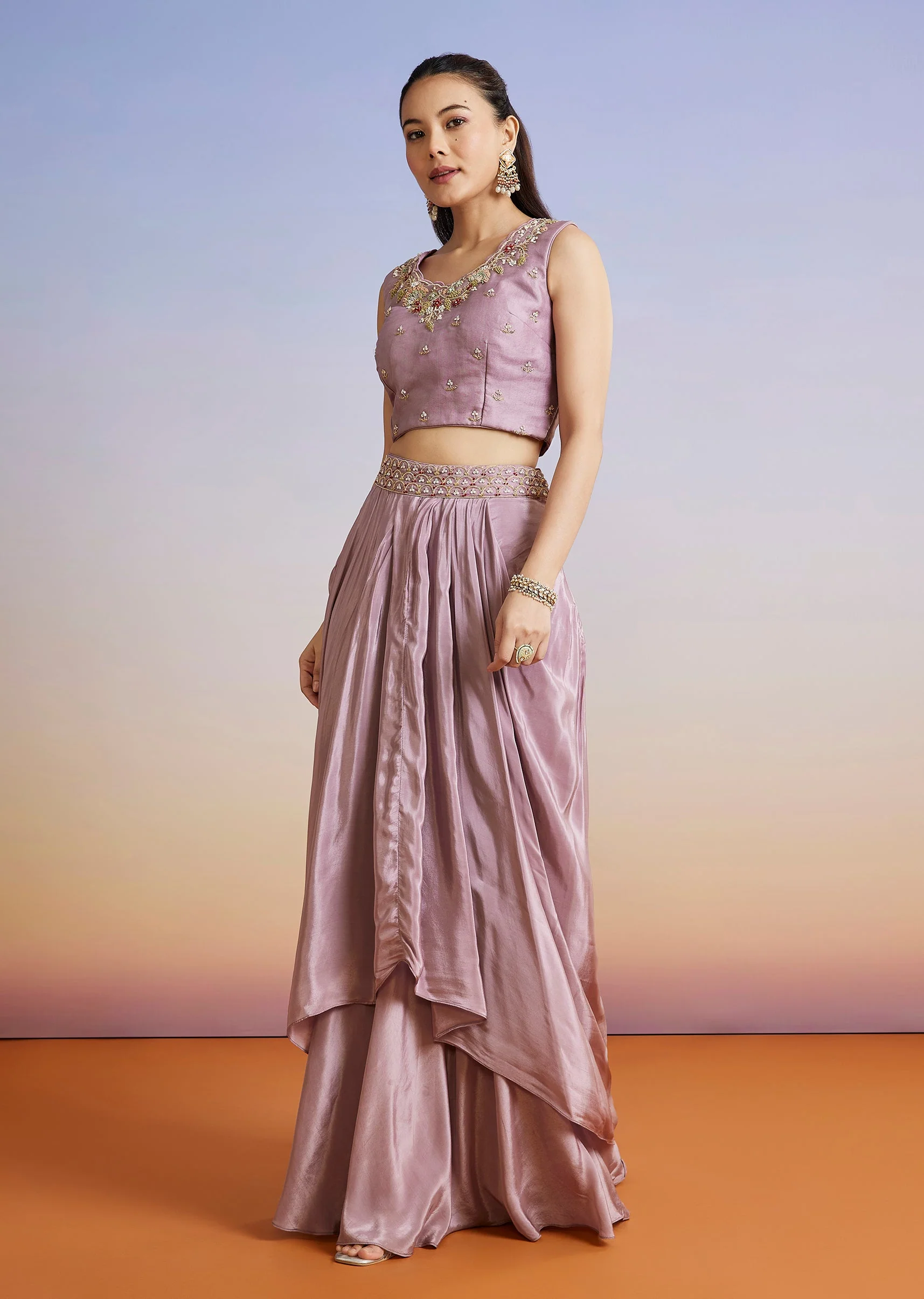 Lavender Embroidered Organza Jacket And Crepe Skirt Set - Image 5