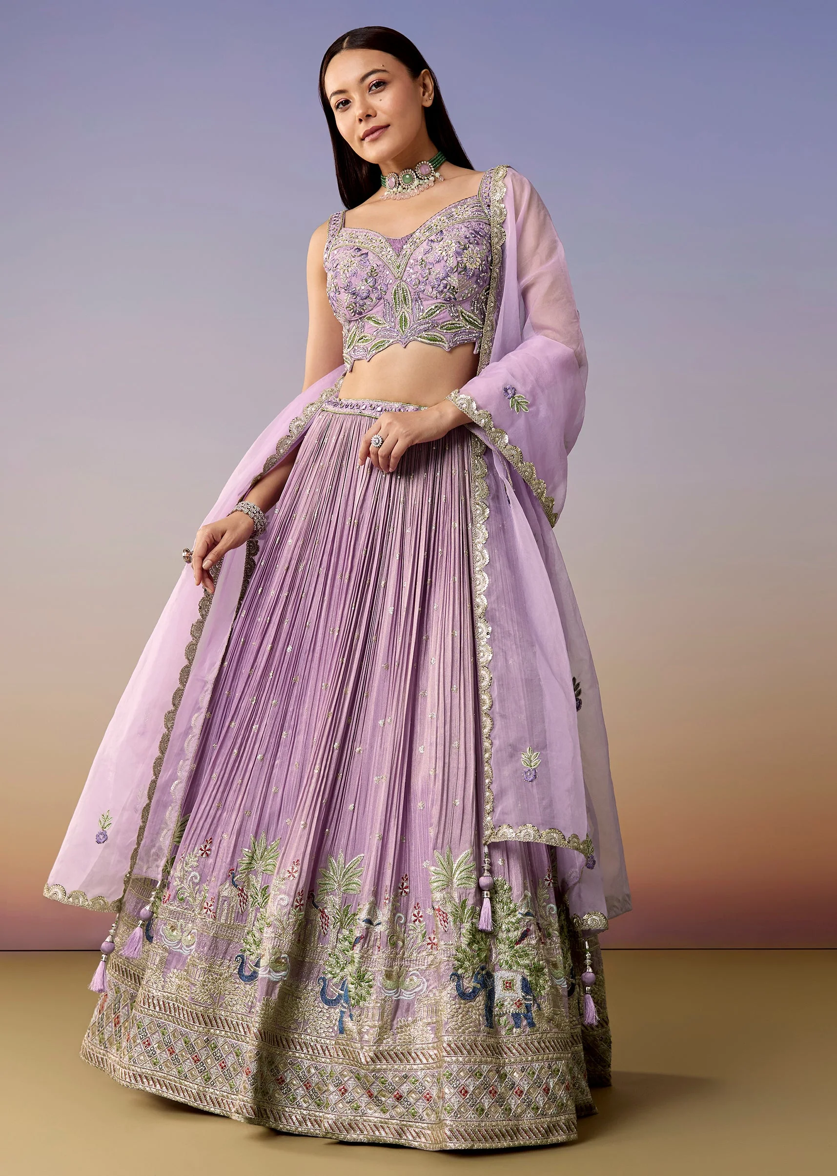 Lavender Embroidered Tissue Bridesmaid Lehenga Set - Image 4