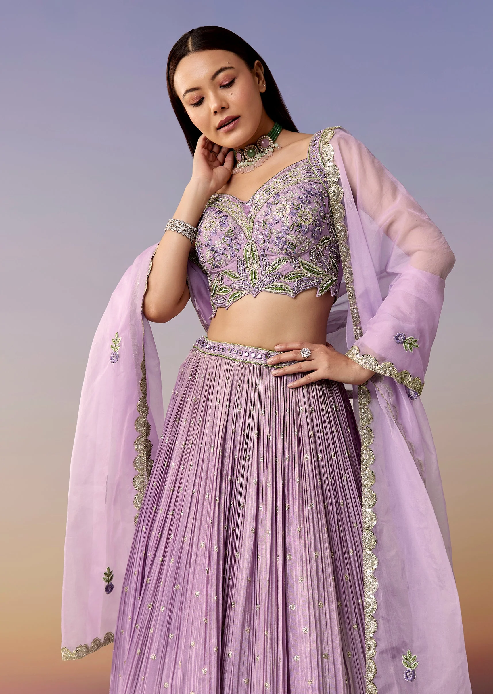 Lavender Embroidered Tissue Bridesmaid Lehenga Set - Image 5
