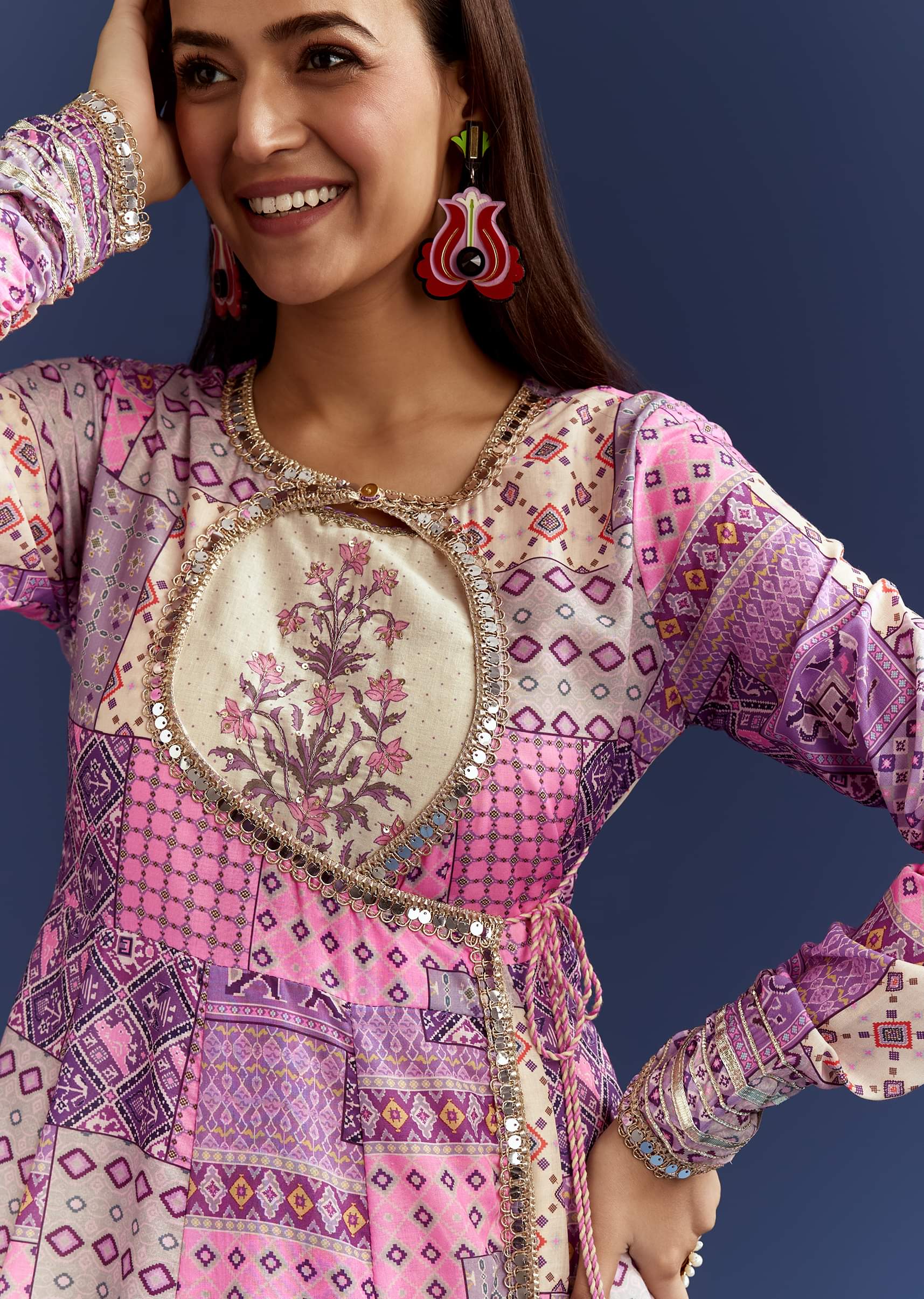 Lavender Floral Gotta Lace Kurta With Angrakha Jacket - Image 3
