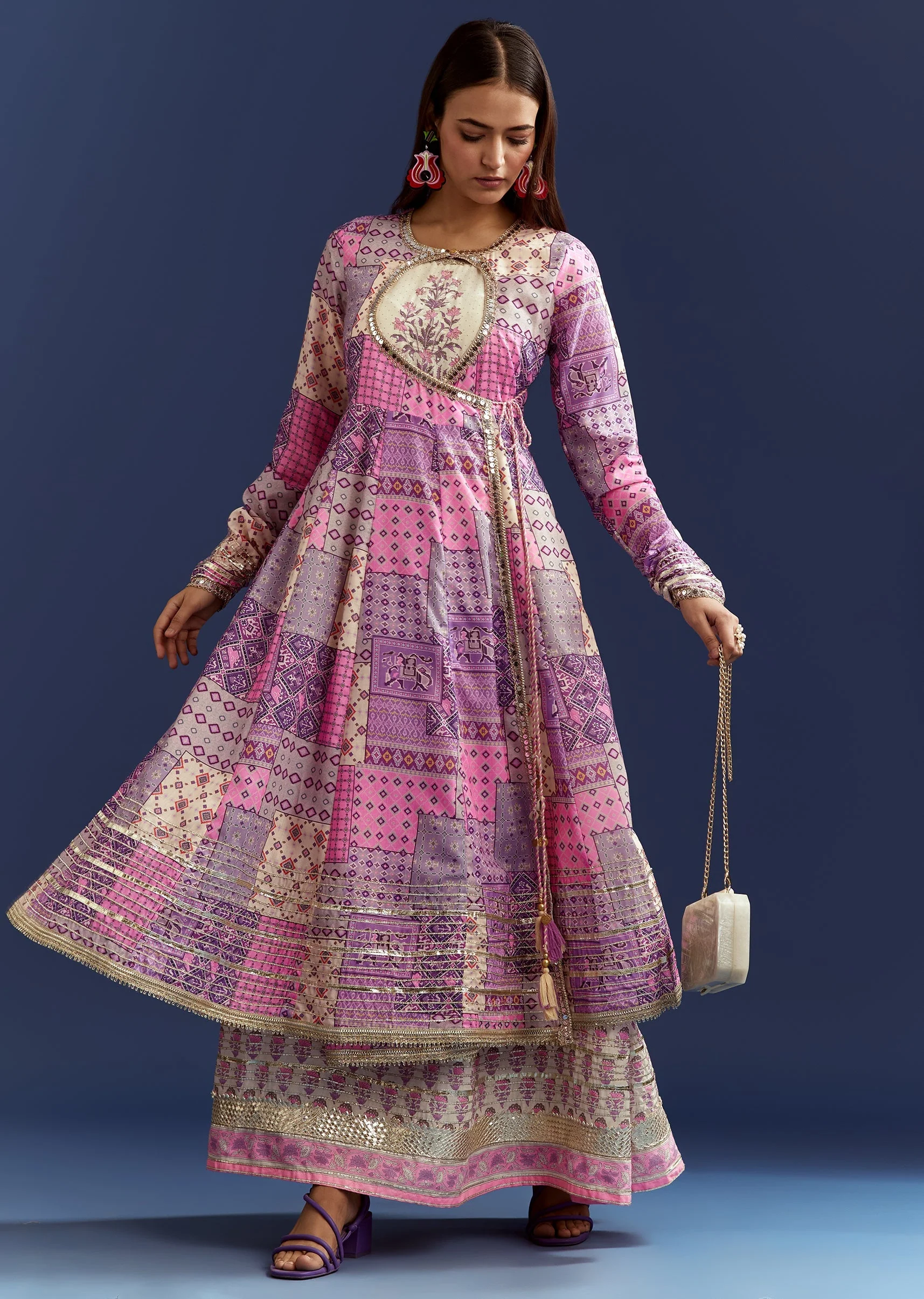 Lavender Floral Gotta Lace Kurta With Angrakha Jacket - Image 4