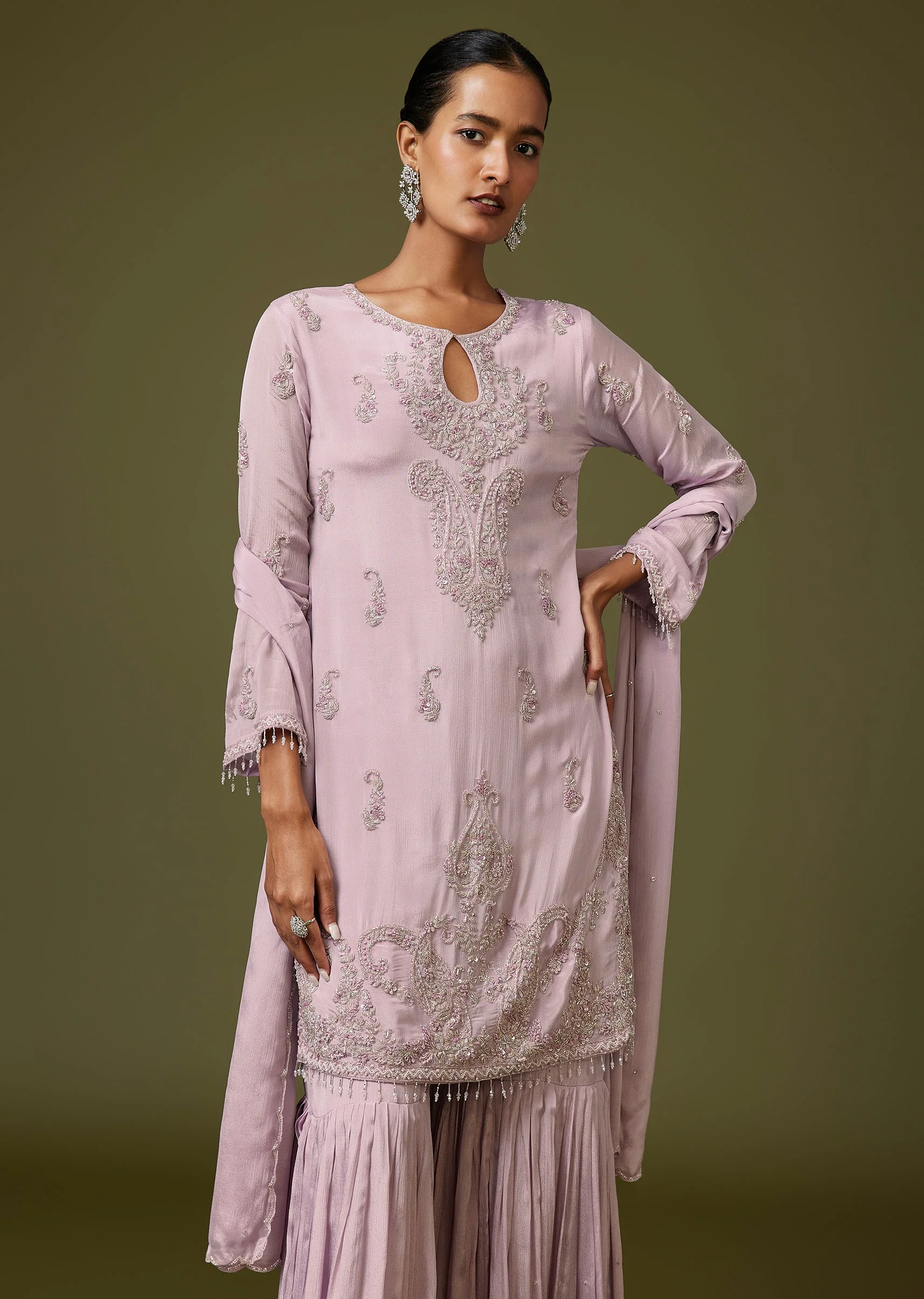 Lavender French Knot Sharara Suit With Bead Detailing - Image 4