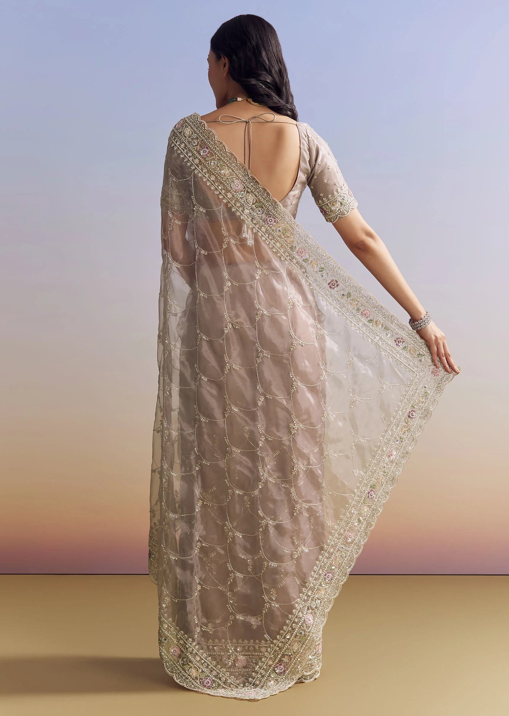 Lavender Glass Tissue Saree With Multicolor Sequins And Heavy Jaal - Image 4