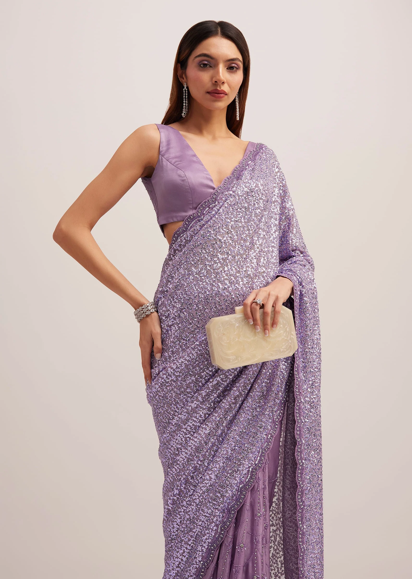 Lavender Half And Half Sequins Saree - Image 2