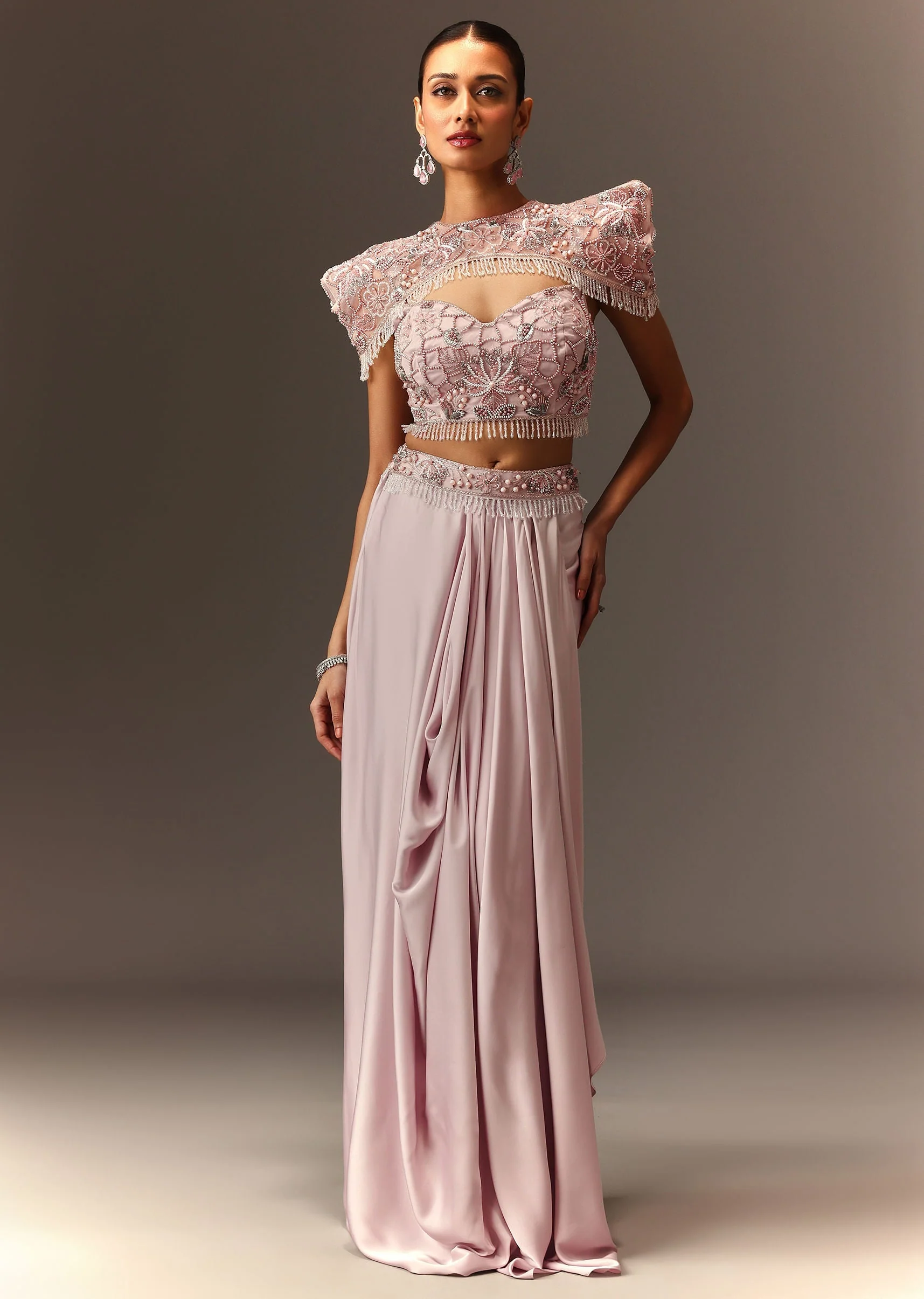 Lavender Hand Embroidered Blouse And Croped Cape With Drape Skirt - Image 3