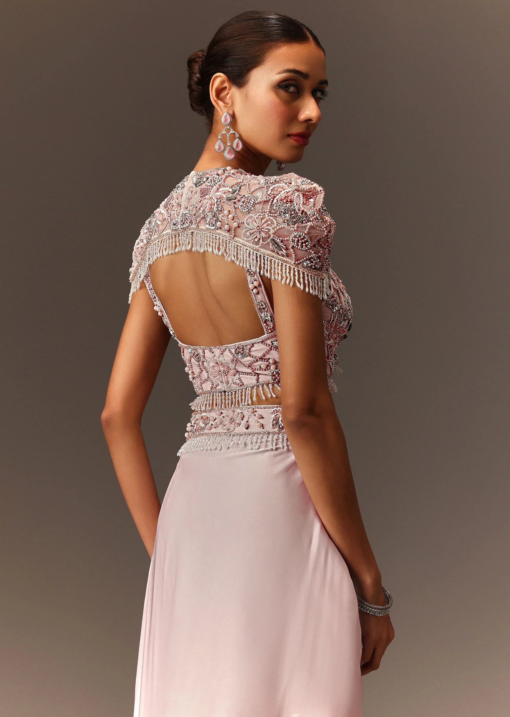 Lavender Hand Embroidered Blouse And Croped Cape With Drape Skirt - Image 4