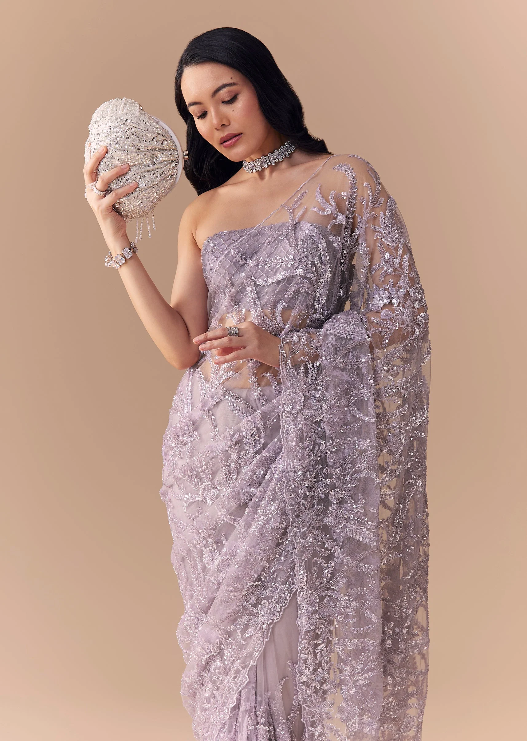Lavender Net Floral Work Saree with Unstitched Blouse - Image 4