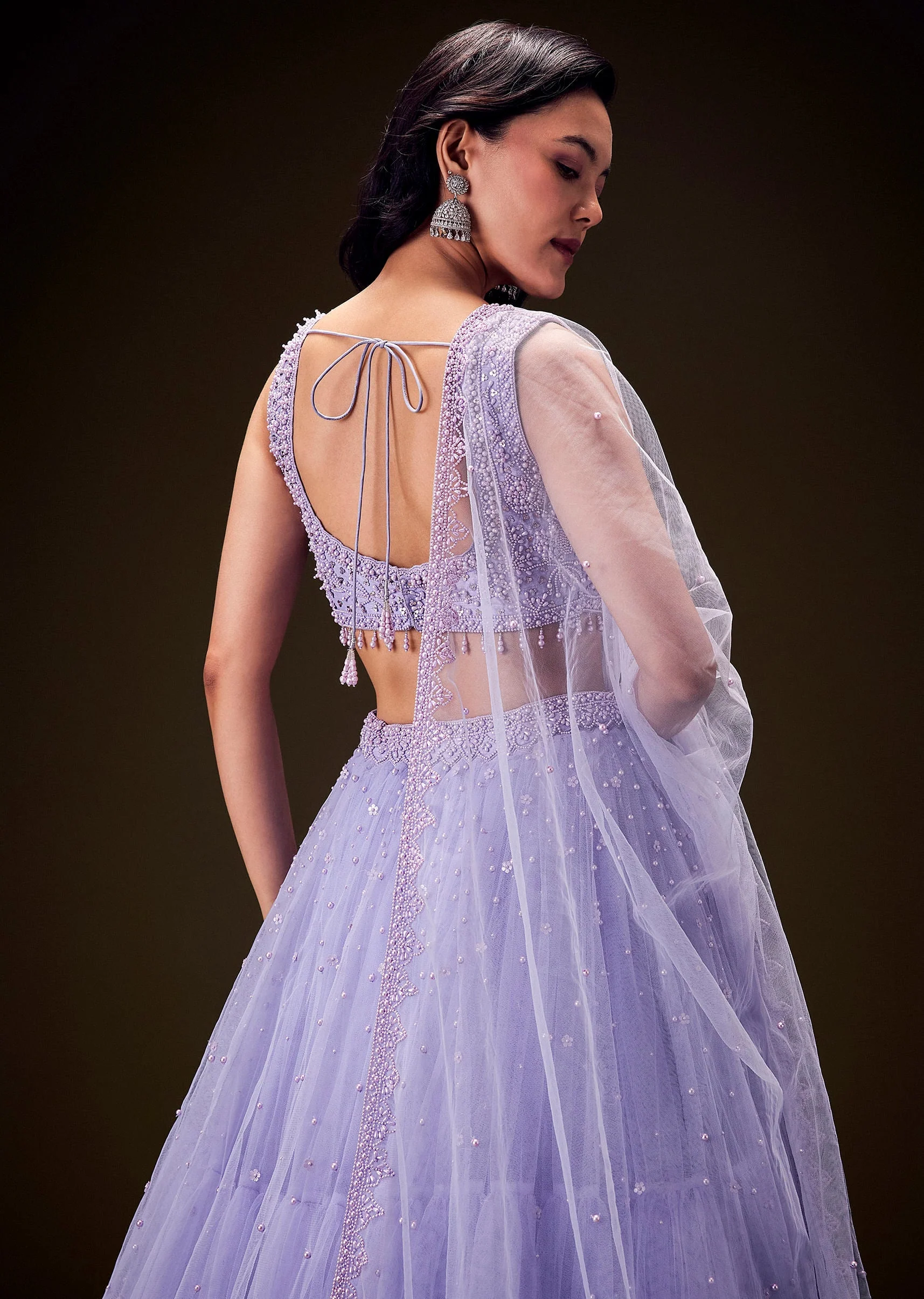 Lavender Net Hand Embroidered Pearl Work Lehenga Set - Image 4