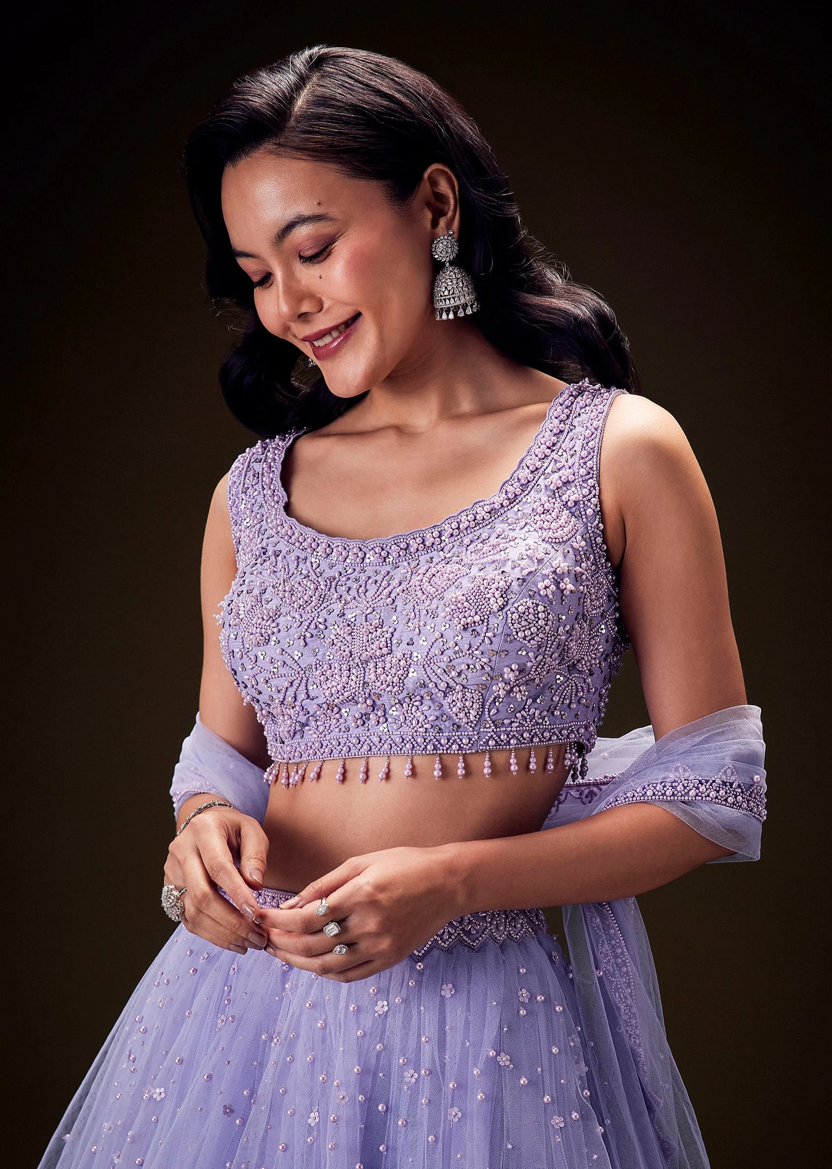 Lavender Net Hand Embroidered Pearl Work Lehenga Set - Image 5