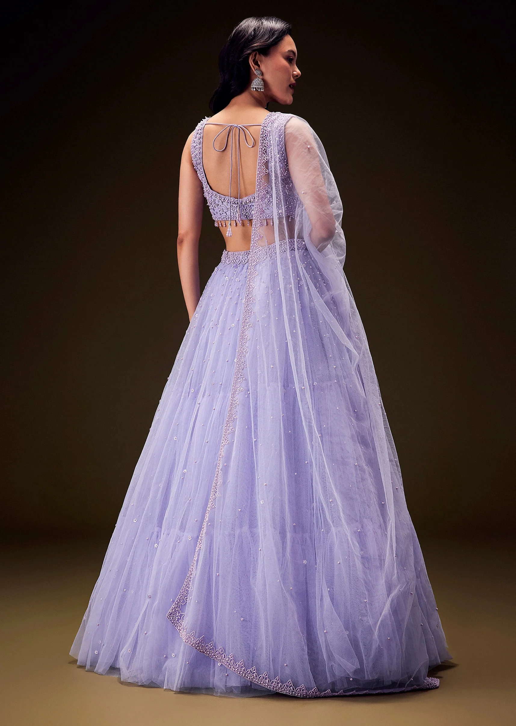 Lavender Net Hand Embroidered Pearl Work Lehenga Set - Image 6