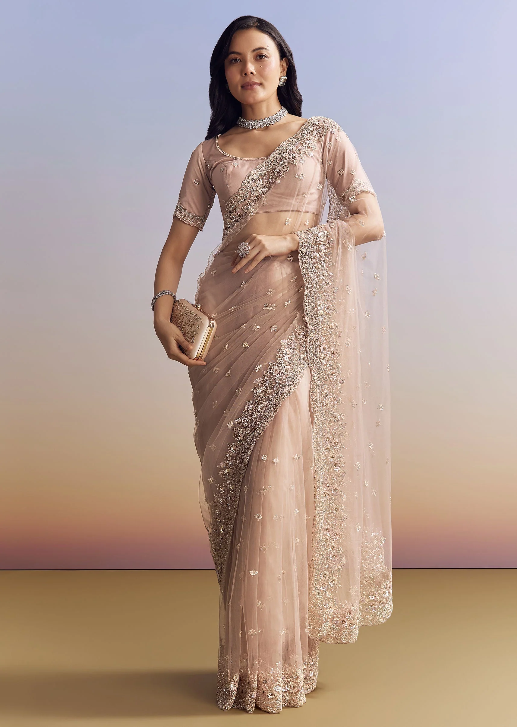 Lavender Net Saree With Scalloped Border - Image 2