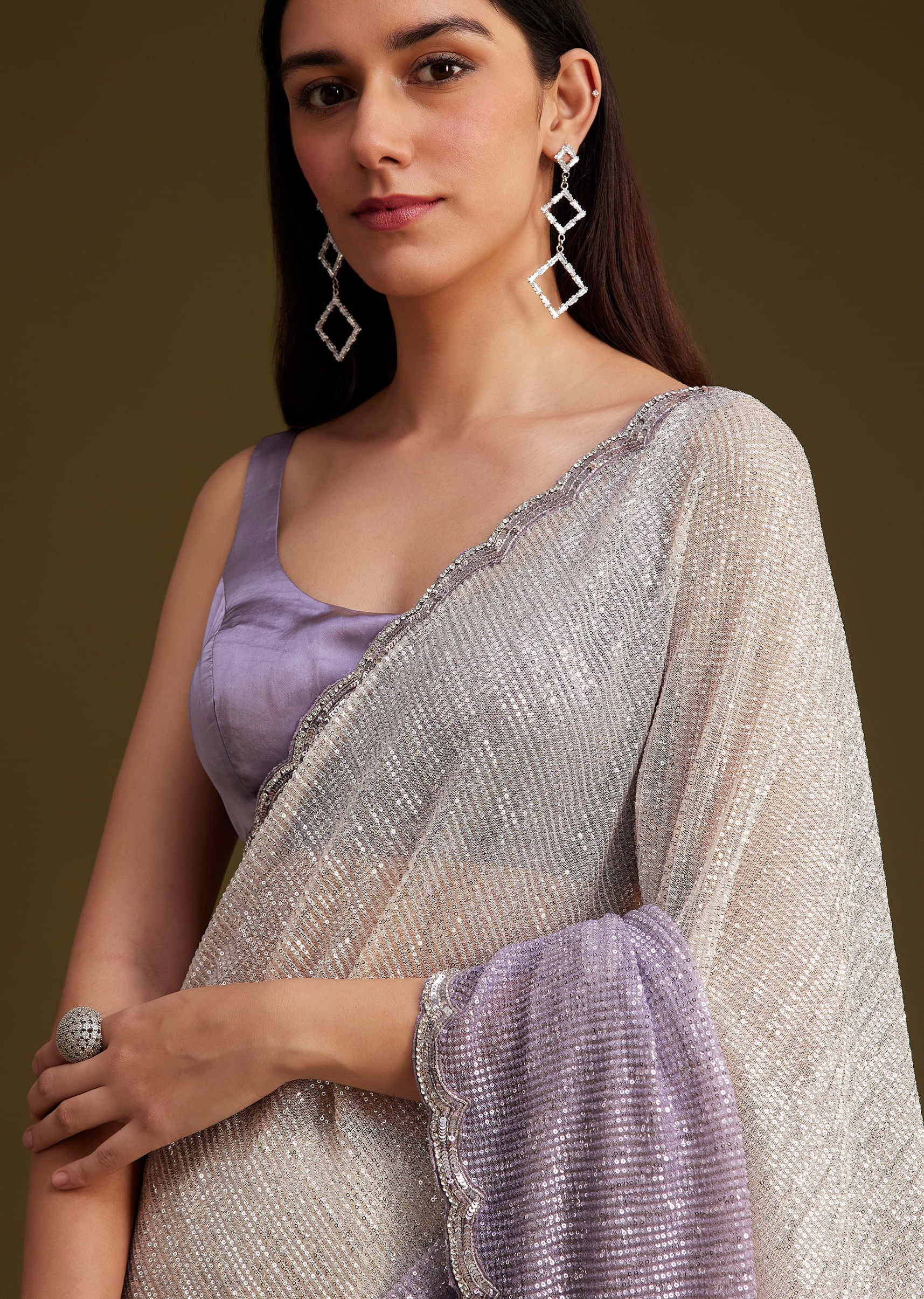 Lavender Ombre Sequins Saree With Scallop Embroidery Border - Image 5