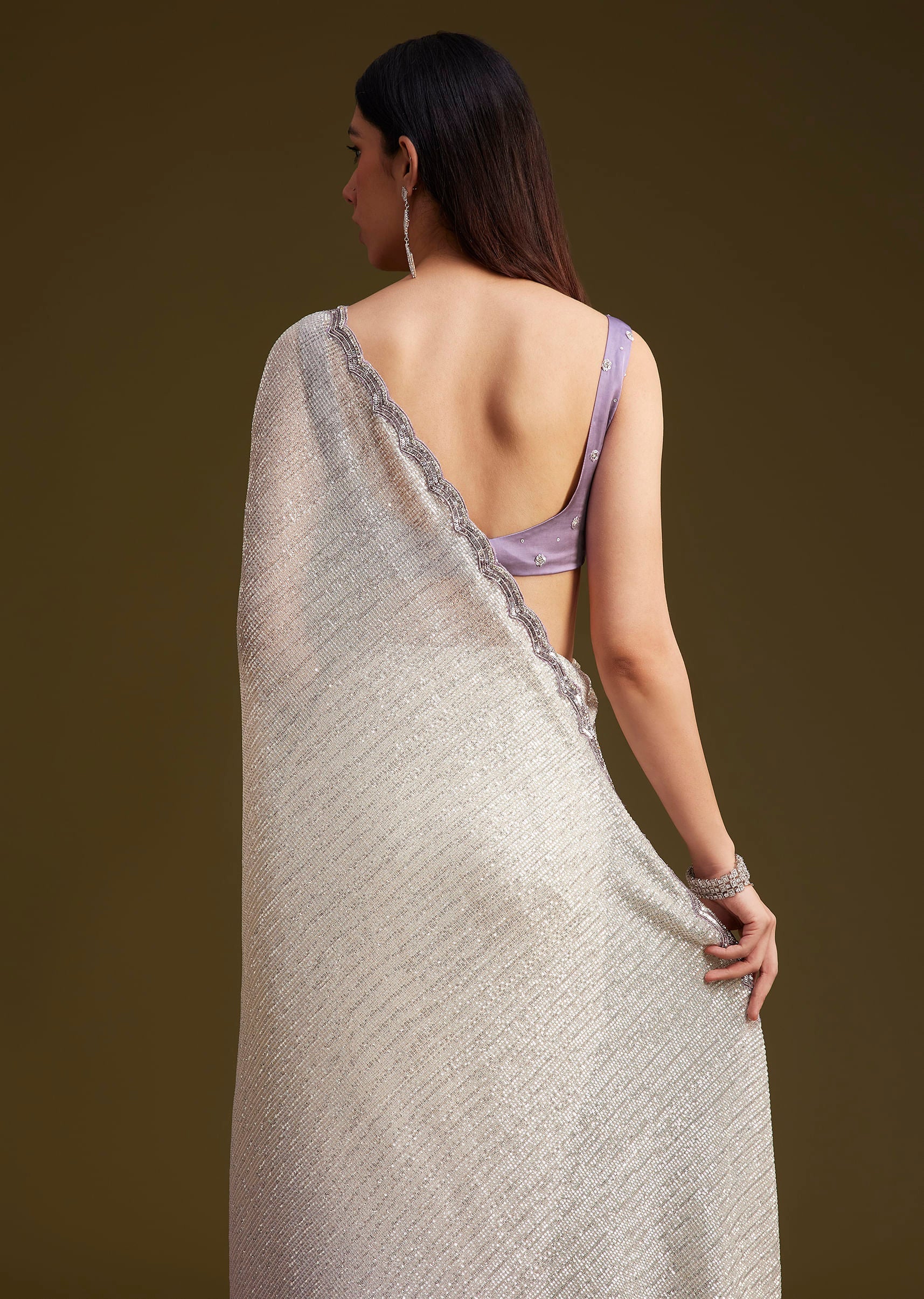 Lavender Ombre Sequins Saree With Scallop Embroidery Border - Image 6