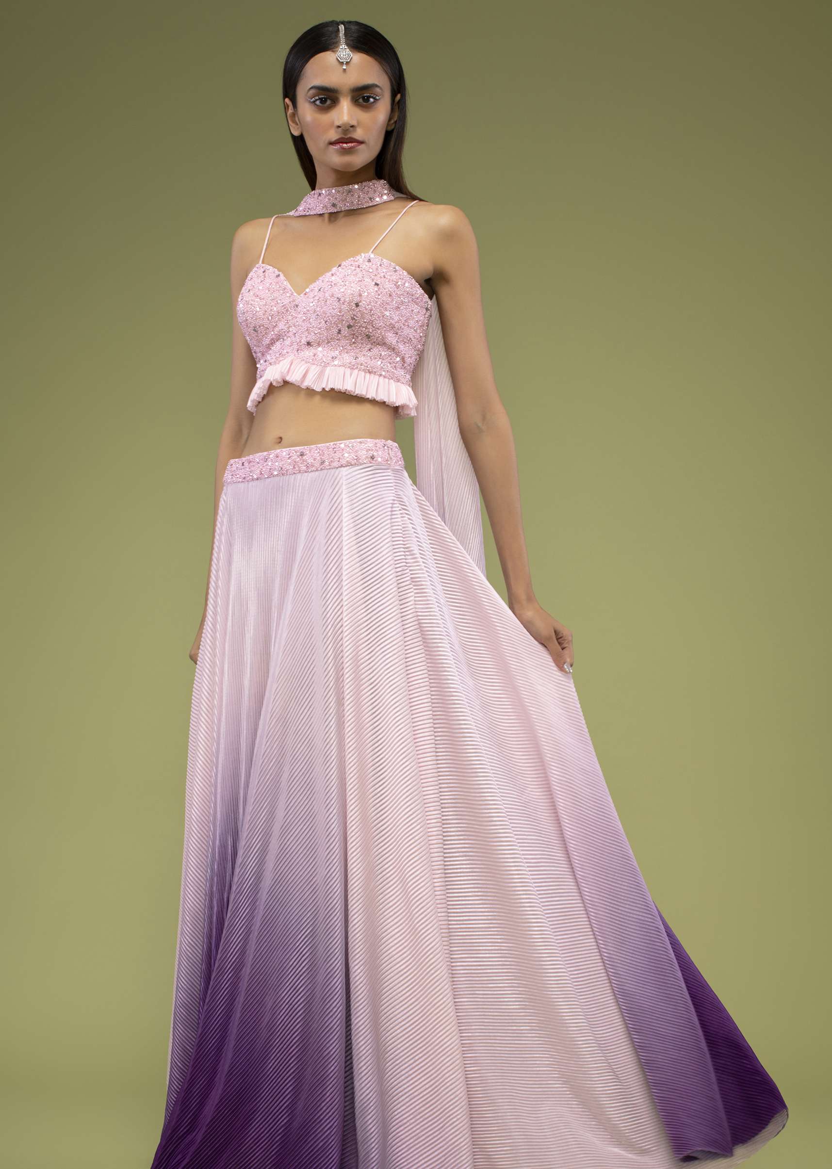 Lavender Ombre Skirt And Crop Top Set In The Crush, Paired With The Spaghetti Straps With A Sweet Heart Neckline - Image 3