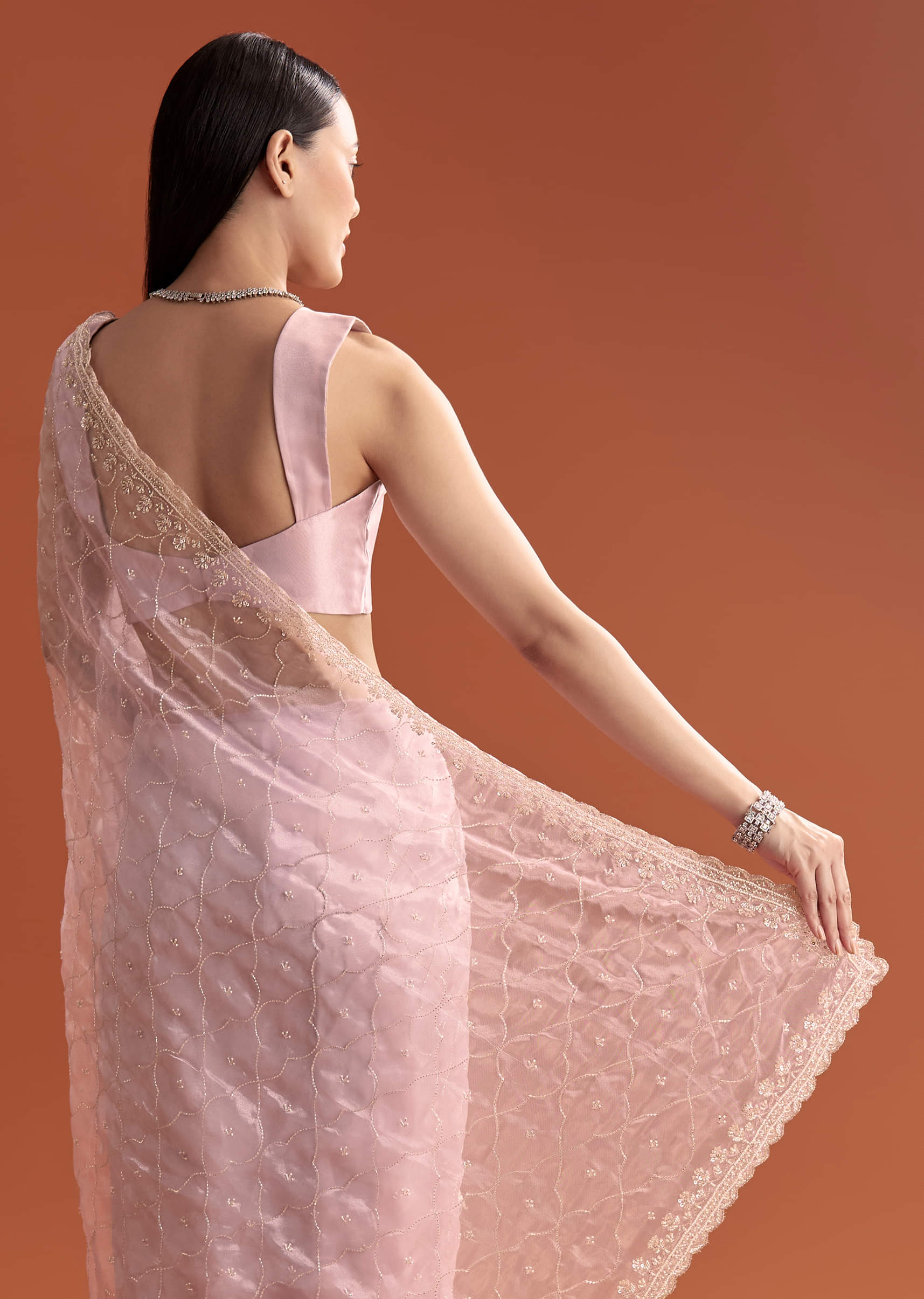 Lavender Organza Embroidered Saree With Jaal And Butti Work - Image 6