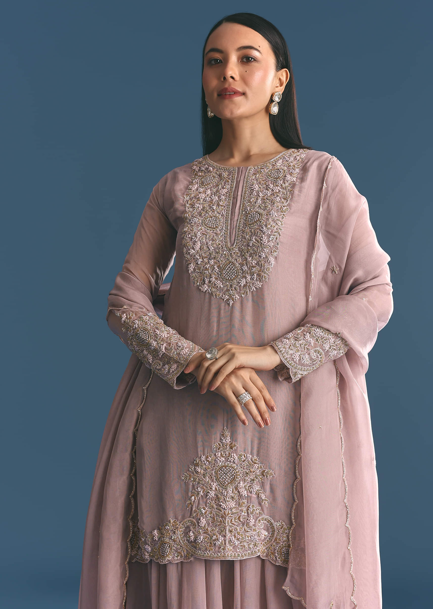 Lavender Organza Kurta Palazzo Suit With Zardosi Work - Image 3