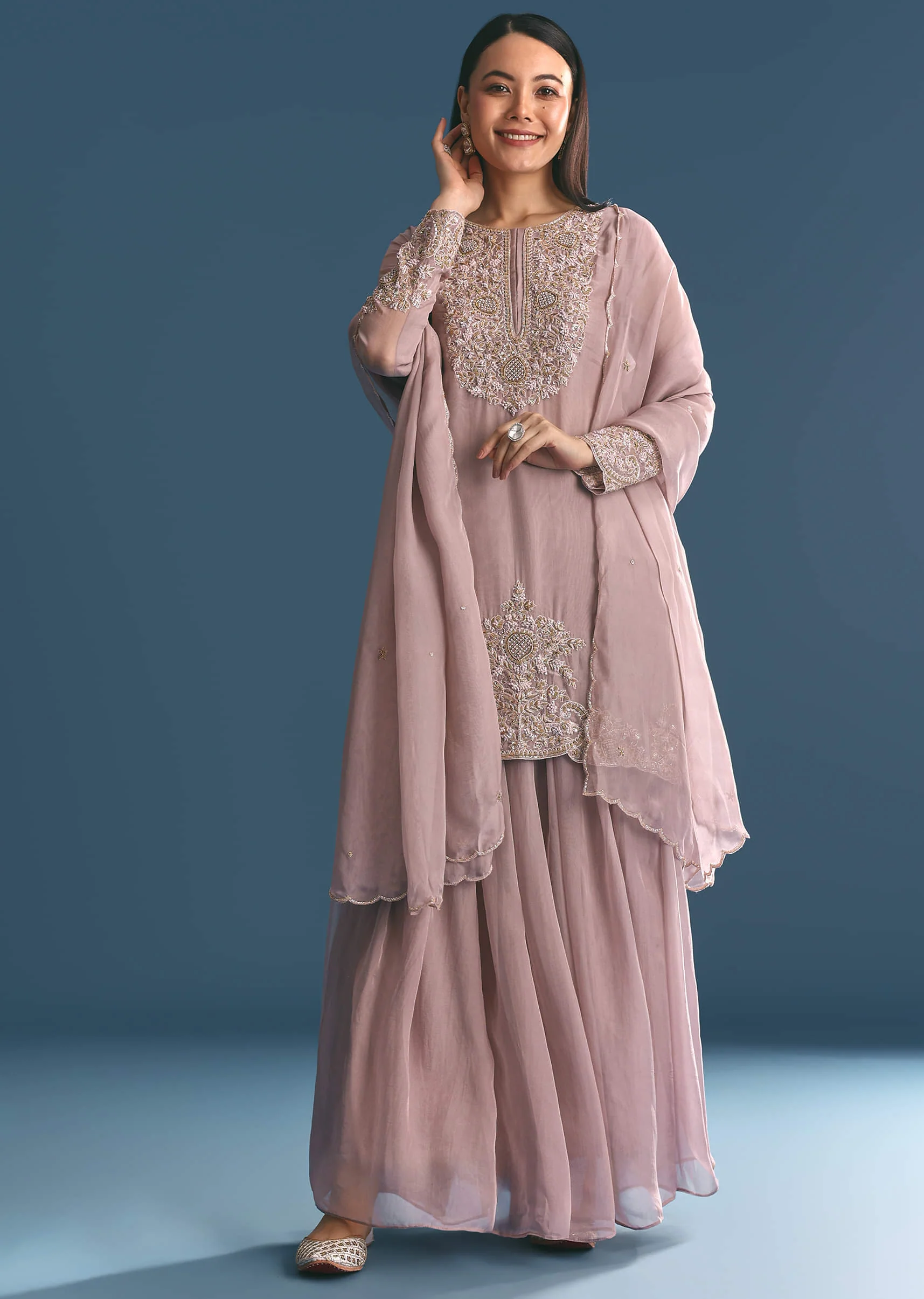 Lavender Organza Kurta Palazzo Suit With Zardosi Work - Image 4