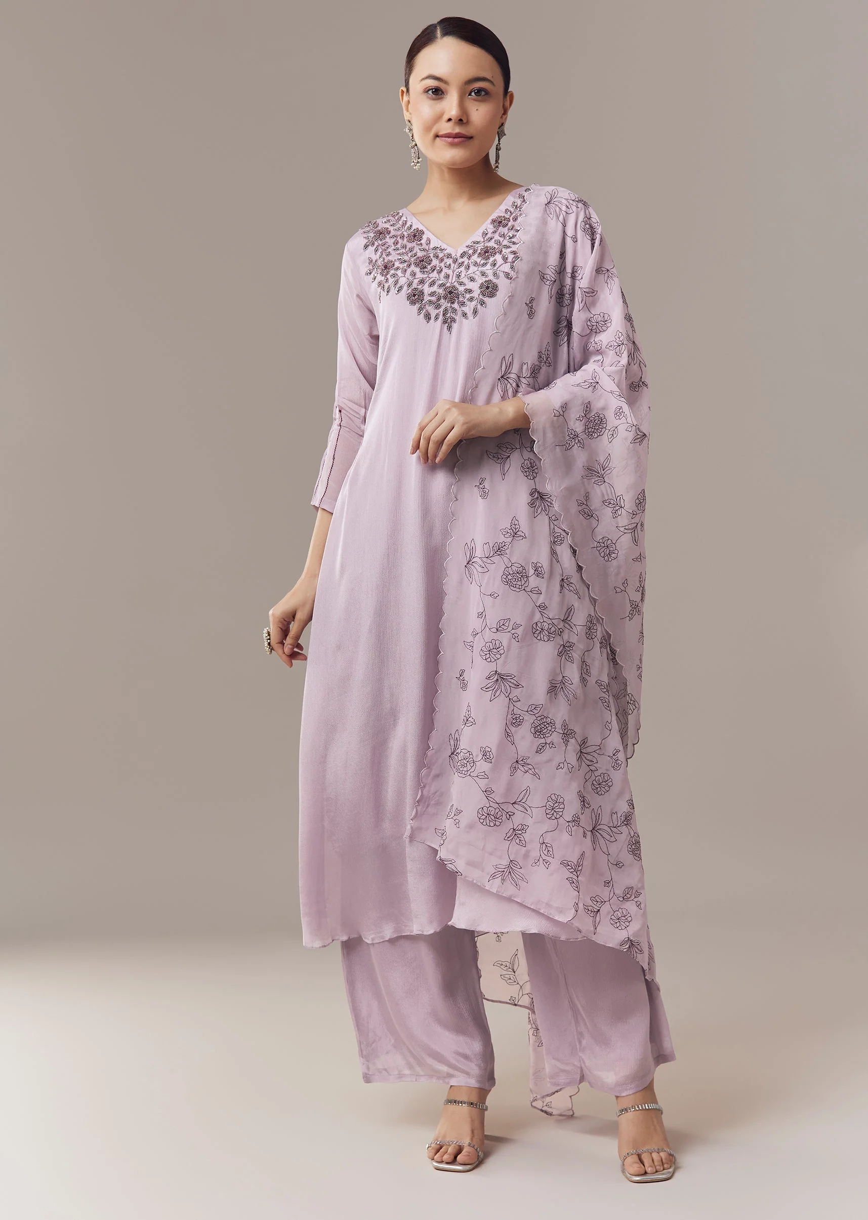 Lavender Pakistani Style Kurta Set With Beads Sequins And Cut Dana Work And Dupatta - Image 3