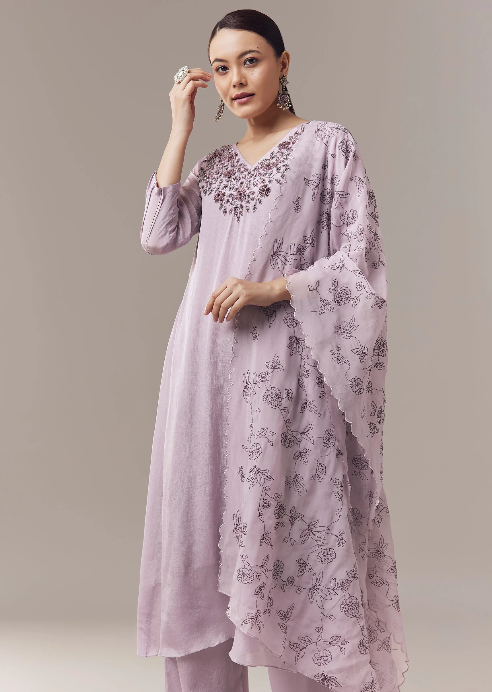 Lavender Pakistani Style Kurta Set With Beads Sequins And Cut Dana Work And Dupatta - Image 4