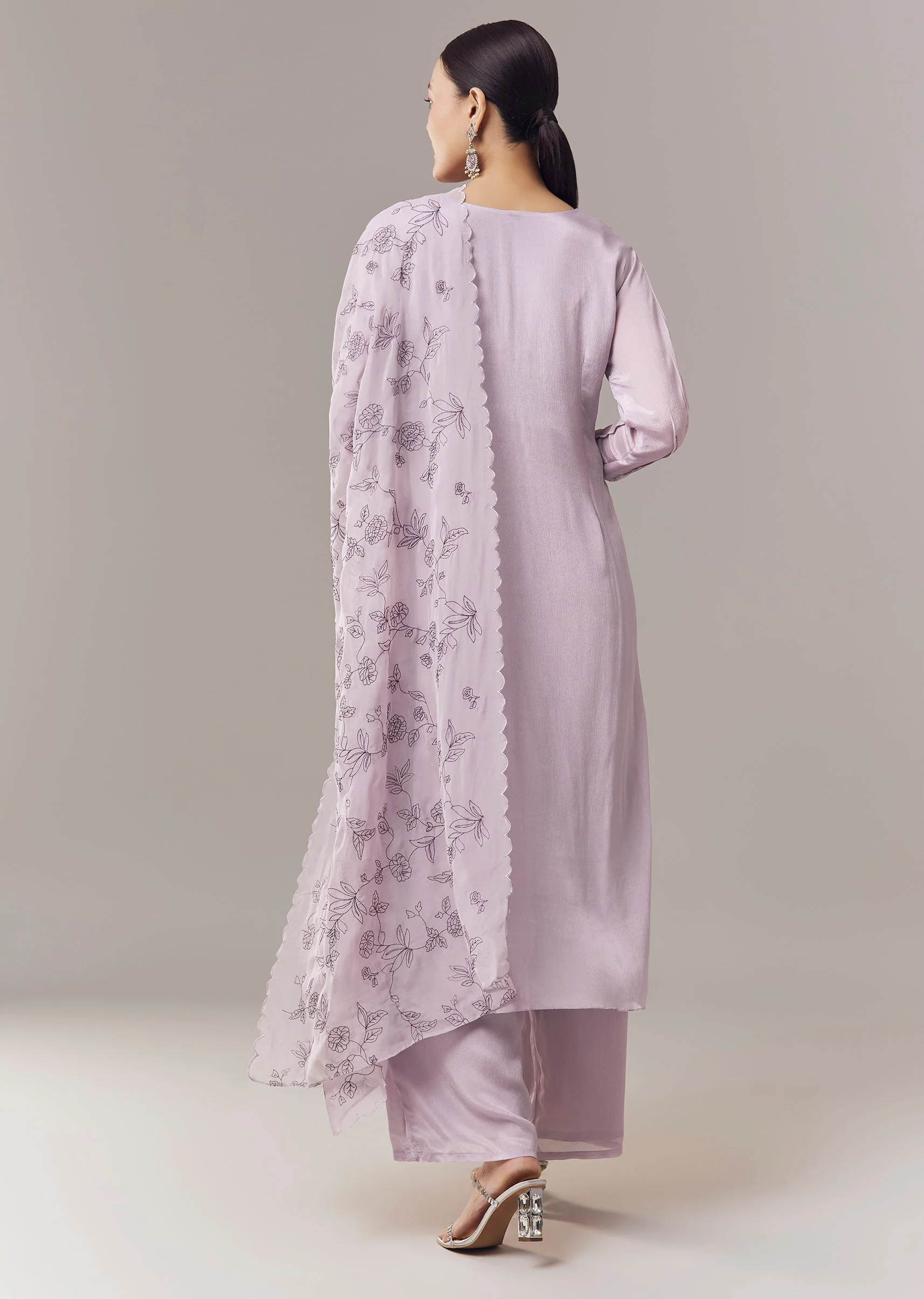 Lavender Pakistani Style Kurta Set With Beads Sequins And Cut Dana Work And Dupatta - Image 5