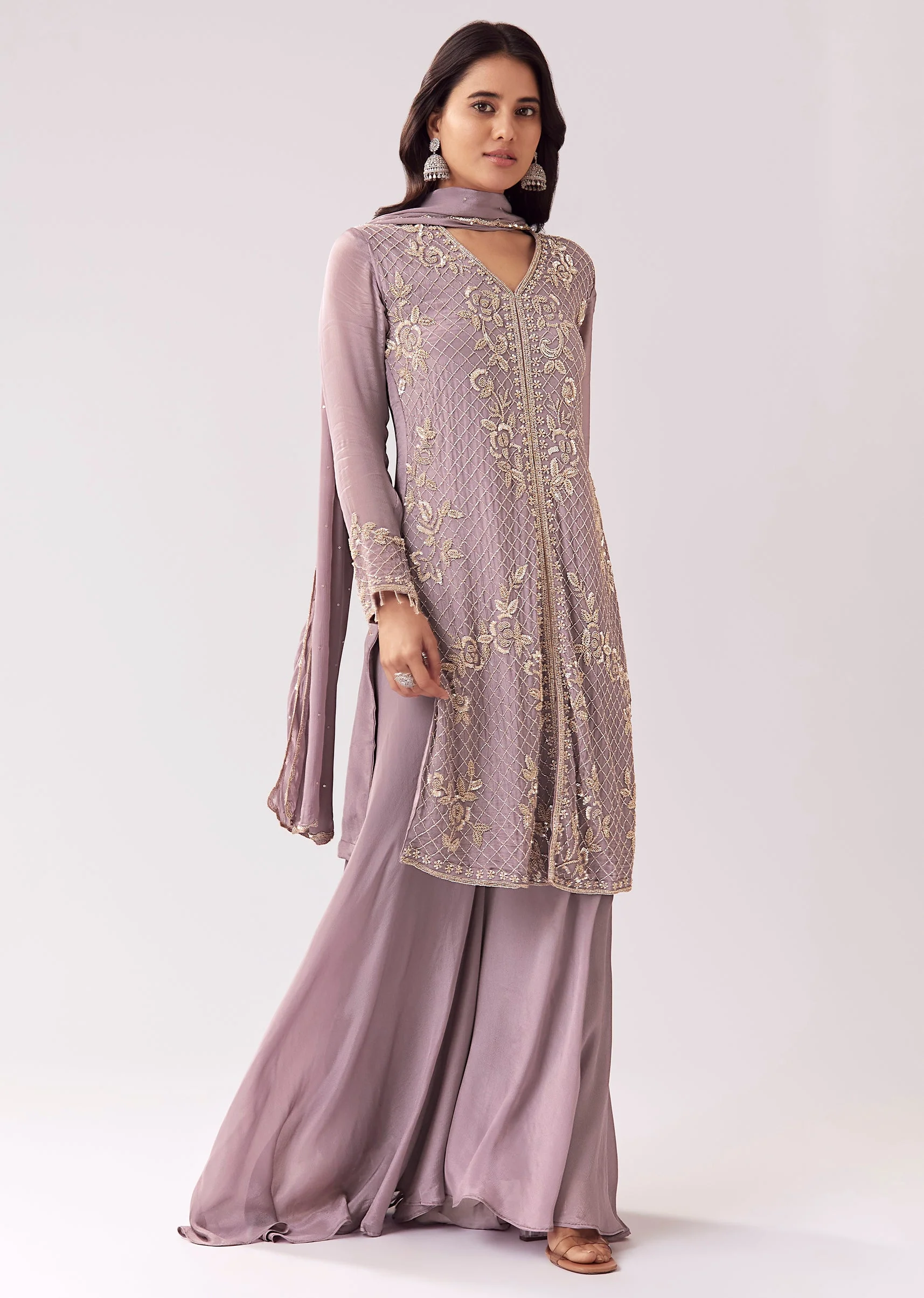Lavender Palazzo Suit With Festive Embellishment