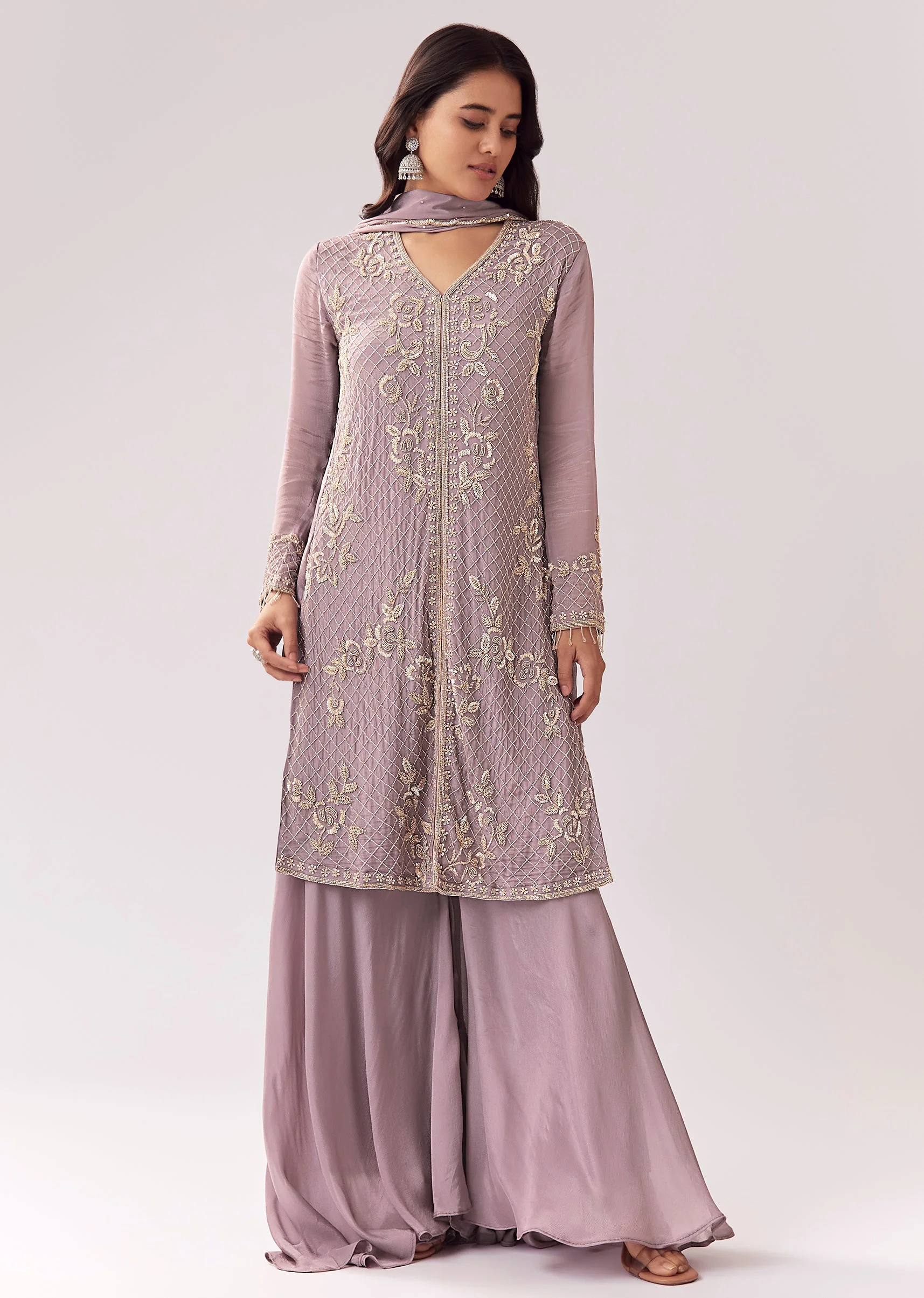 Lavender Palazzo Suit With Festive Embellishment - Image 3