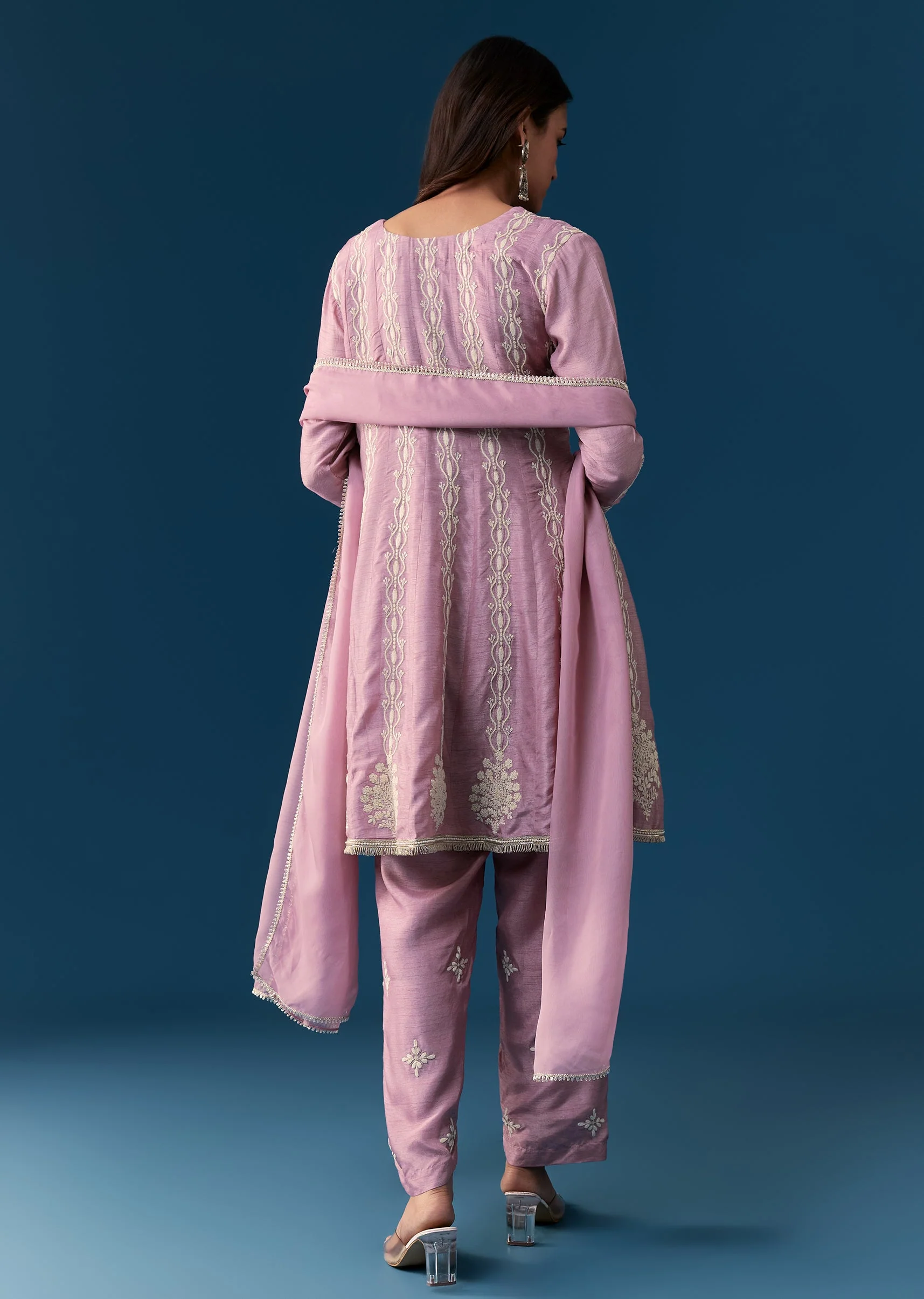 Lavender Pastel Pakistani Style Anarkali Suit With Thread Work - Image 5