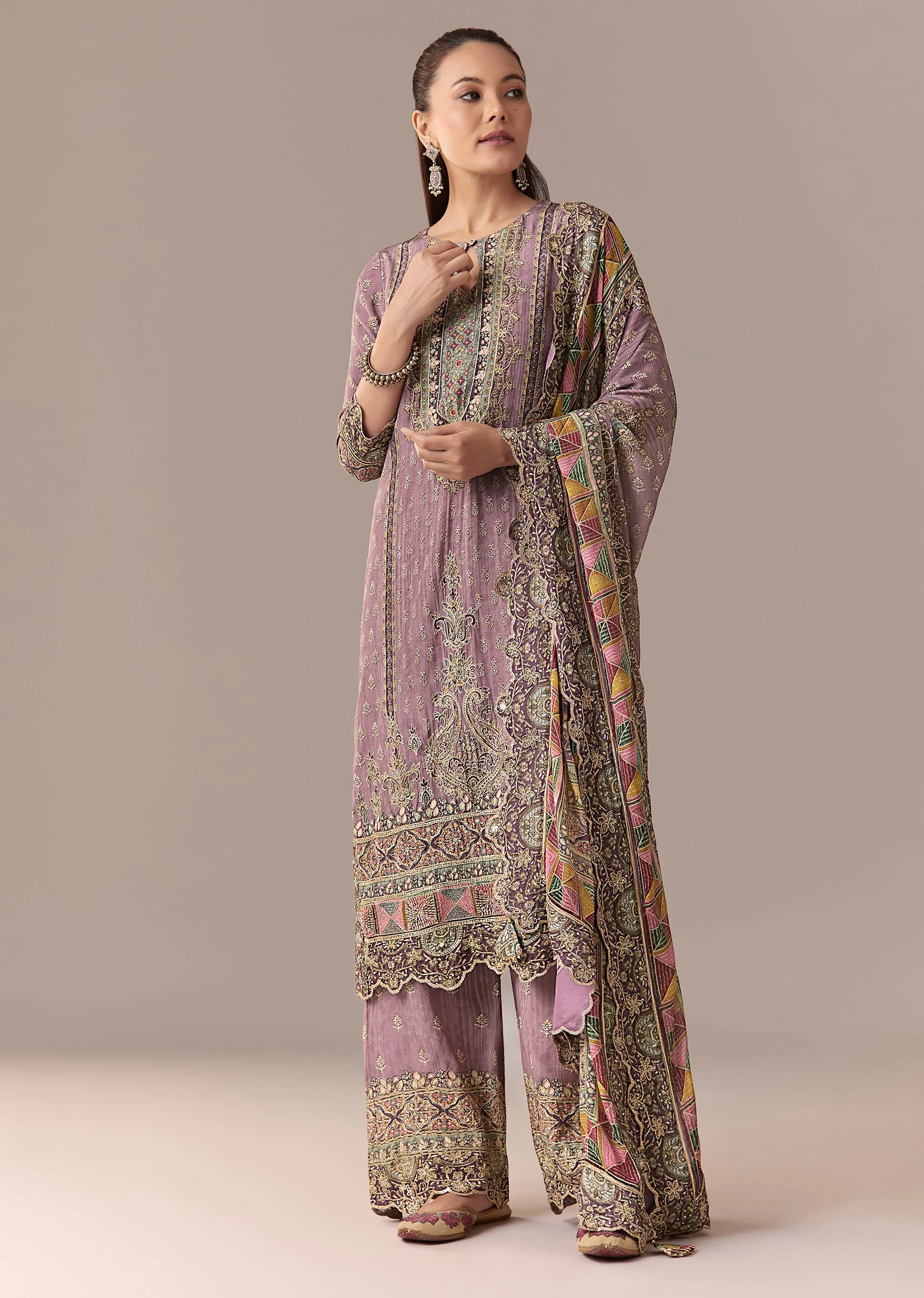 Lavender Printed Zari Kurta Set With Pant And Dupatta - Image 3