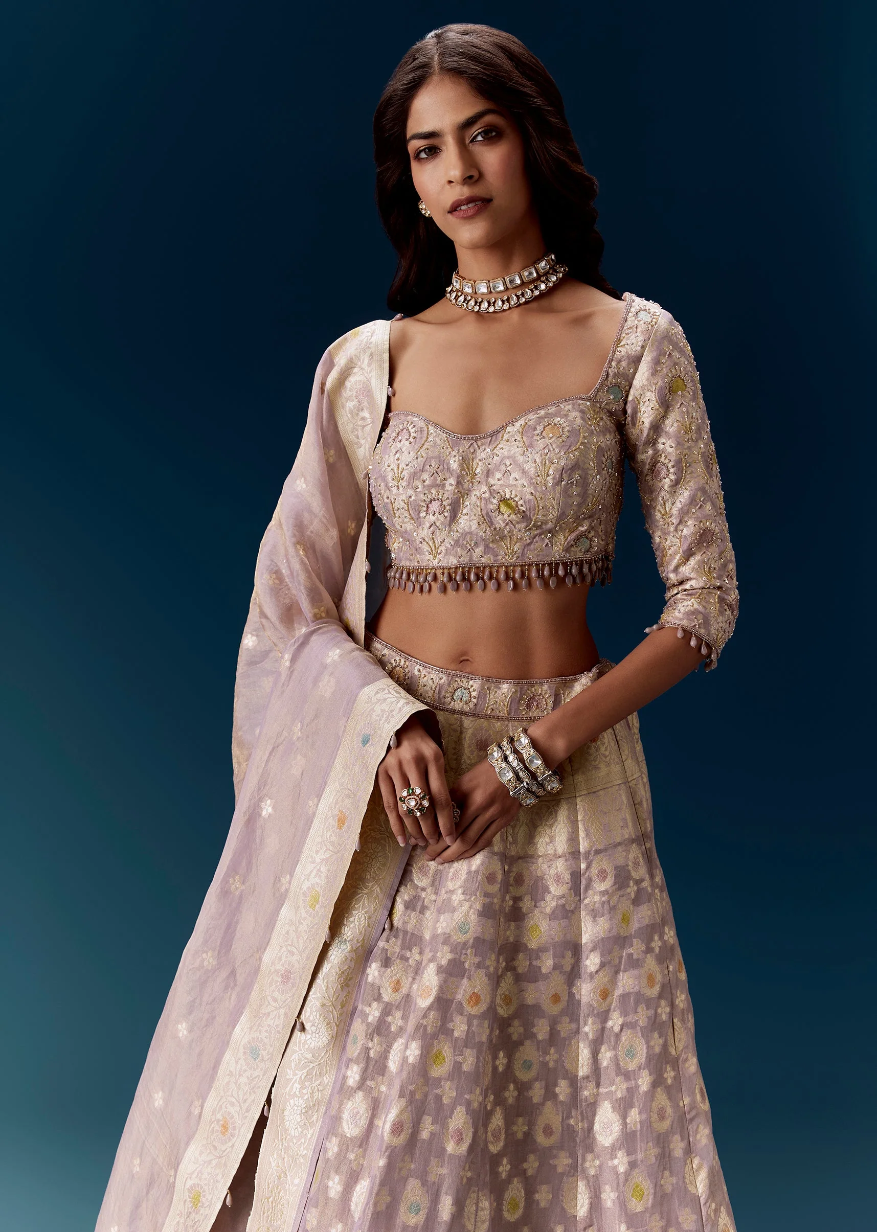 Lavender Purple Banarasi Embroidered Bridal Lehenga And Dupatta - Image 5