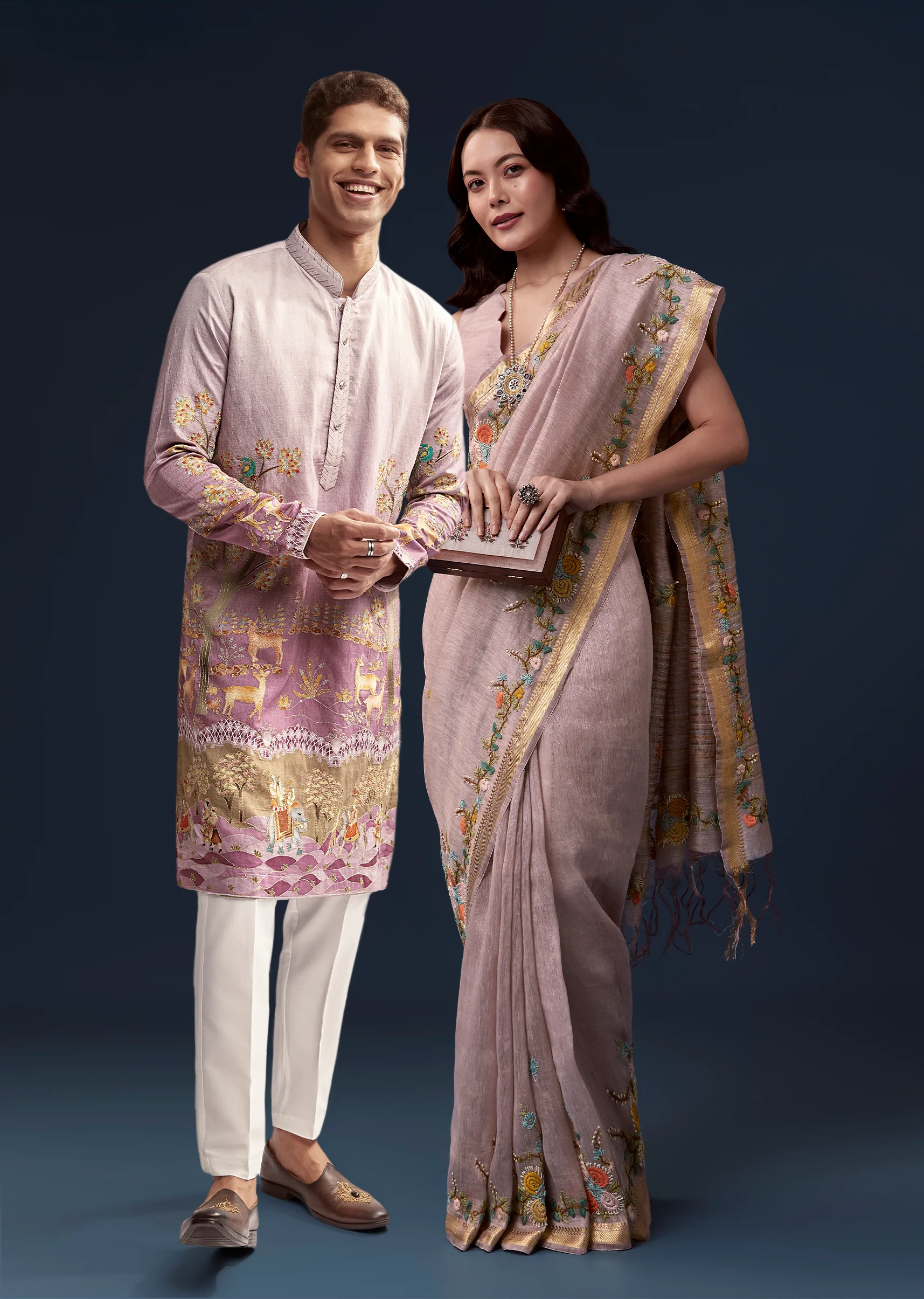 Lavender & Purple Duo — Saree For Her And Kurta Set For Him