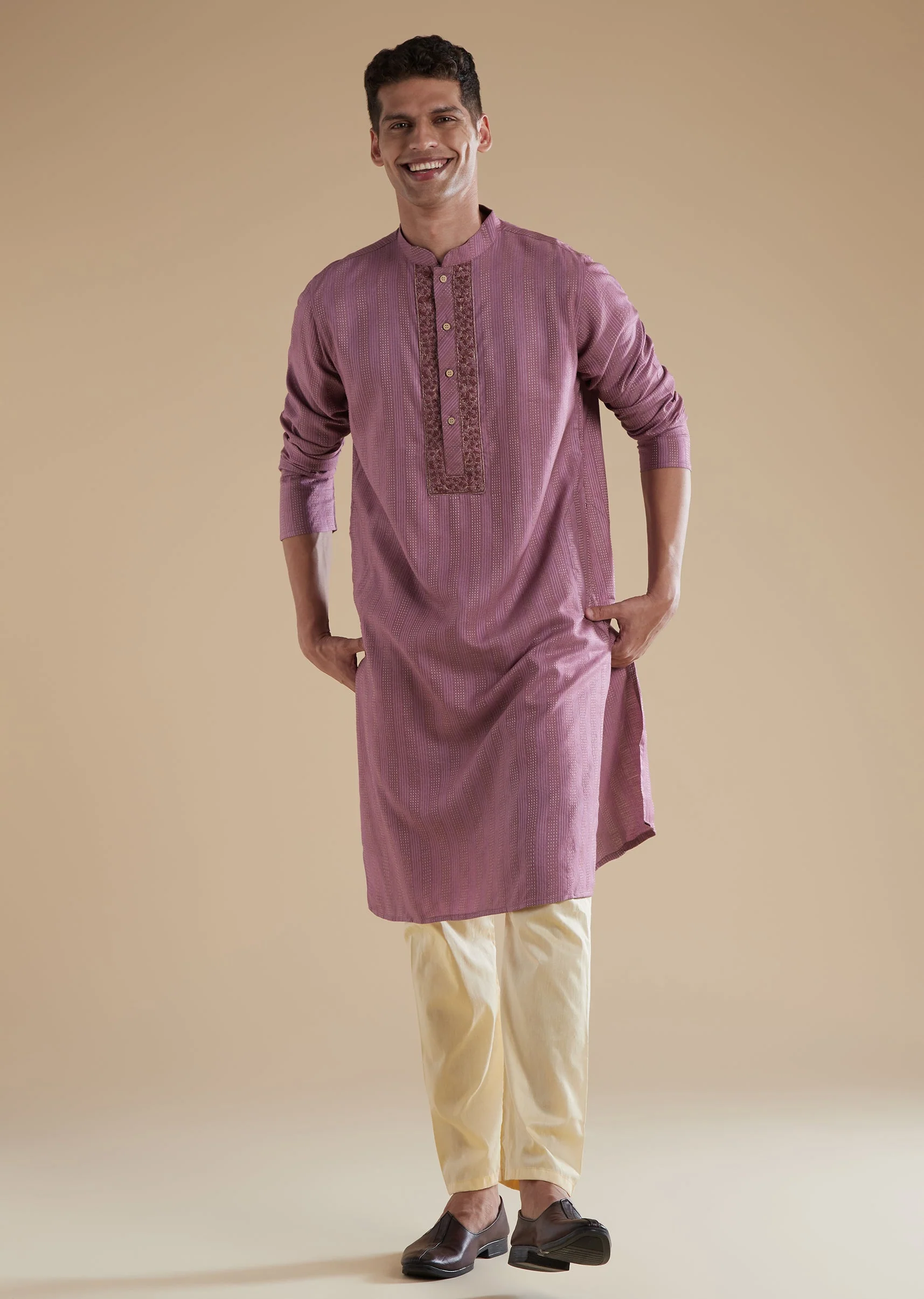 Lavender Purple Silk Mens Kurta Set with Thread Resham Detail Work - Image 2