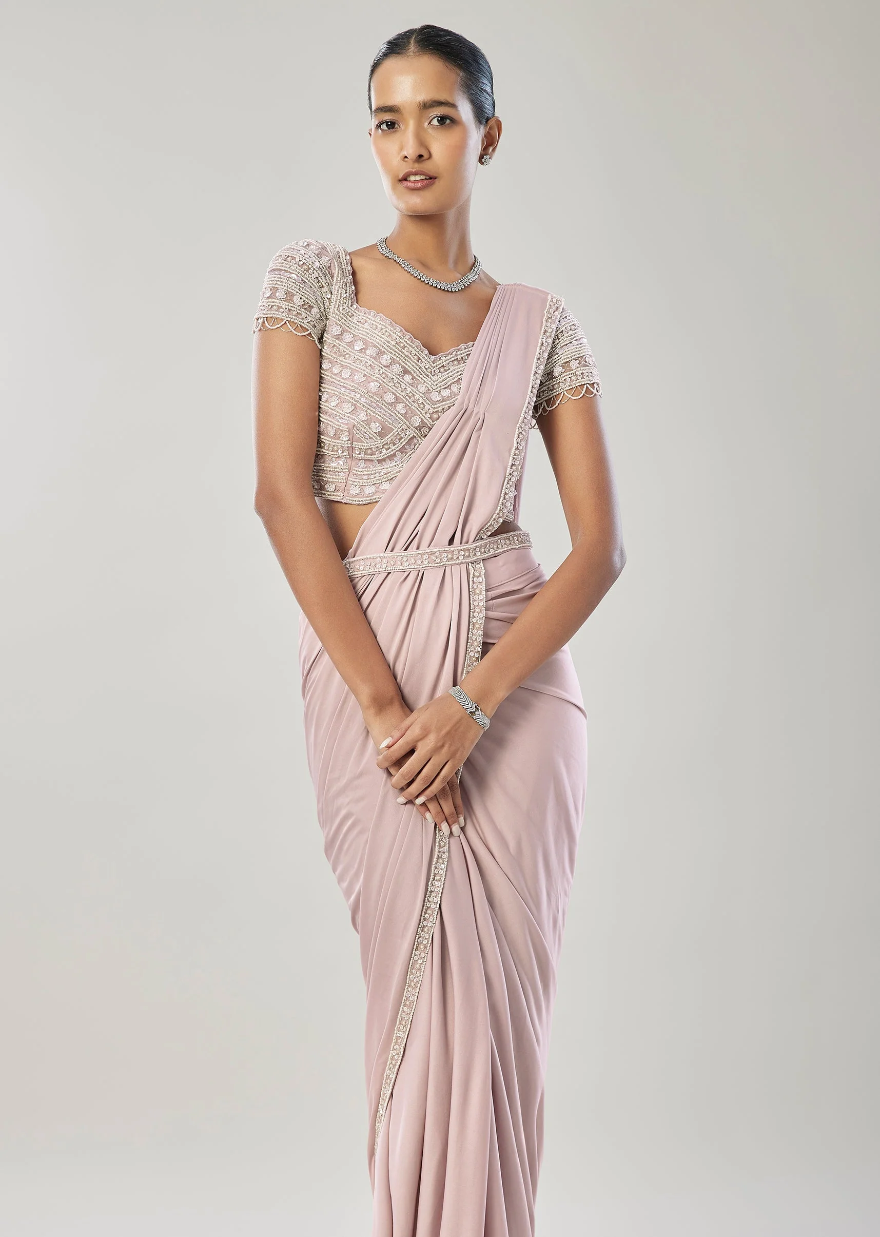 Lavender Ready Pleated Saree With Belt - Image 4
