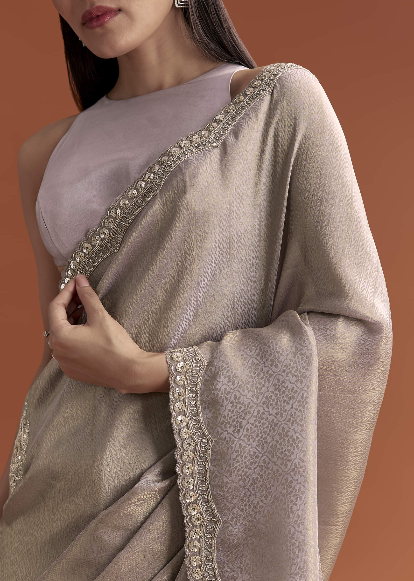 Lavender Satin Saree With Sequin And Bead Embroidery - Image 2