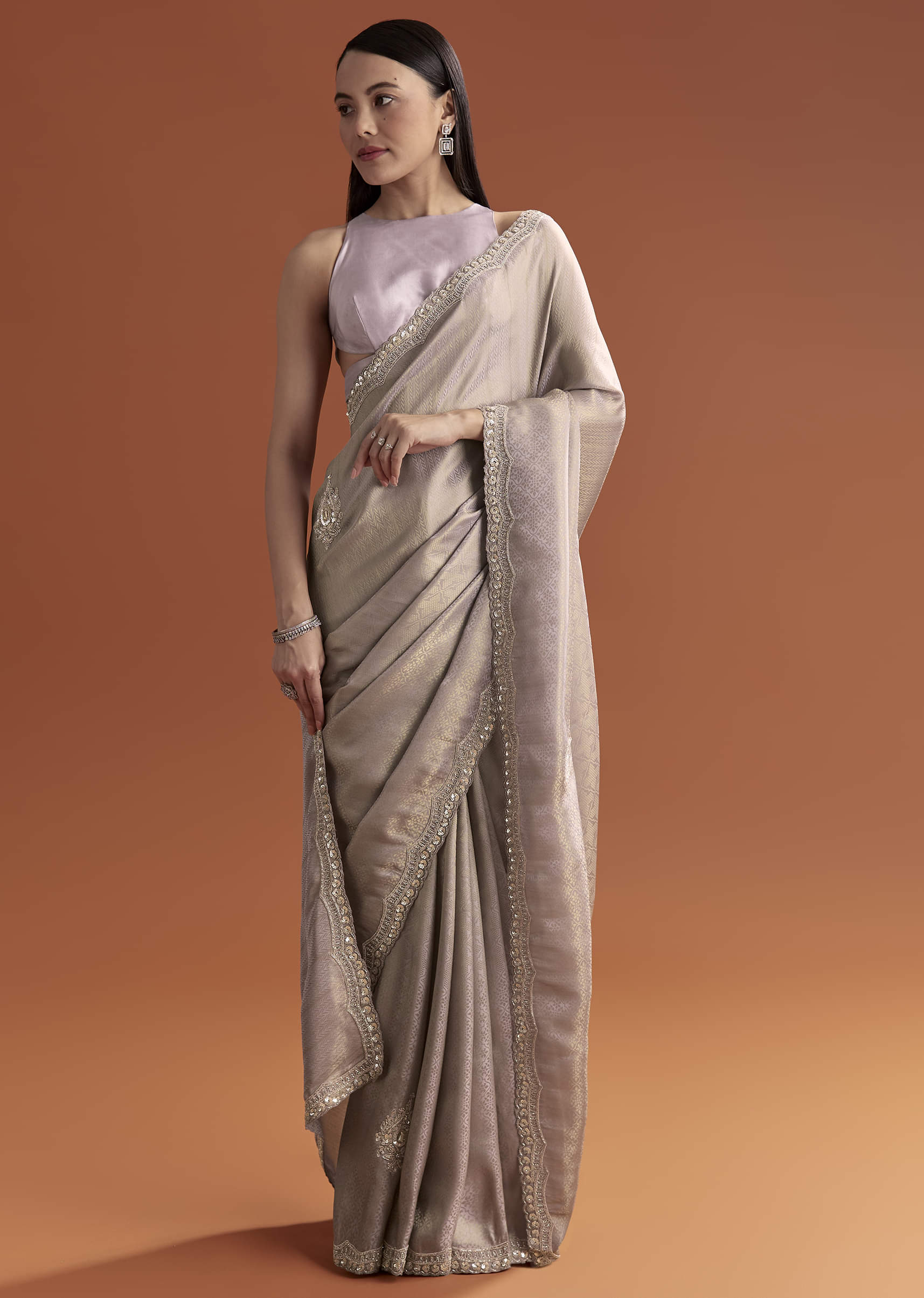 Lavender Satin Saree With Sequin And Bead Embroidery - Image 3