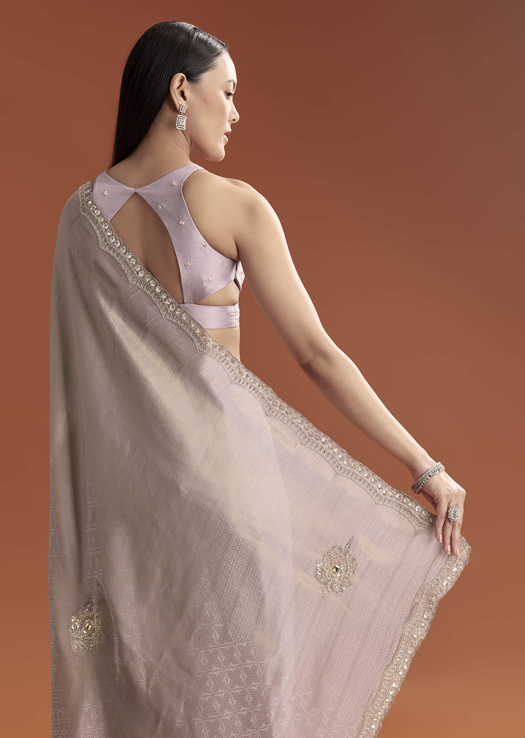 Lavender Satin Saree With Sequin And Bead Embroidery - Image 6