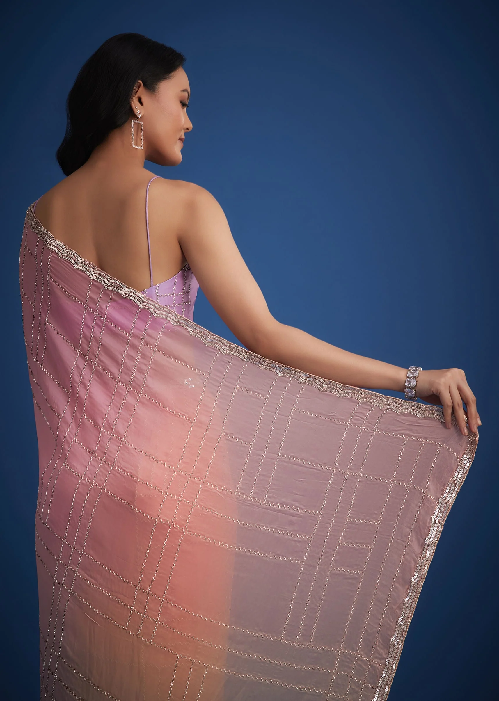 Lavender Shaded Soft Tissue Embroidered With Cudtana And Sequin Work - Image 6